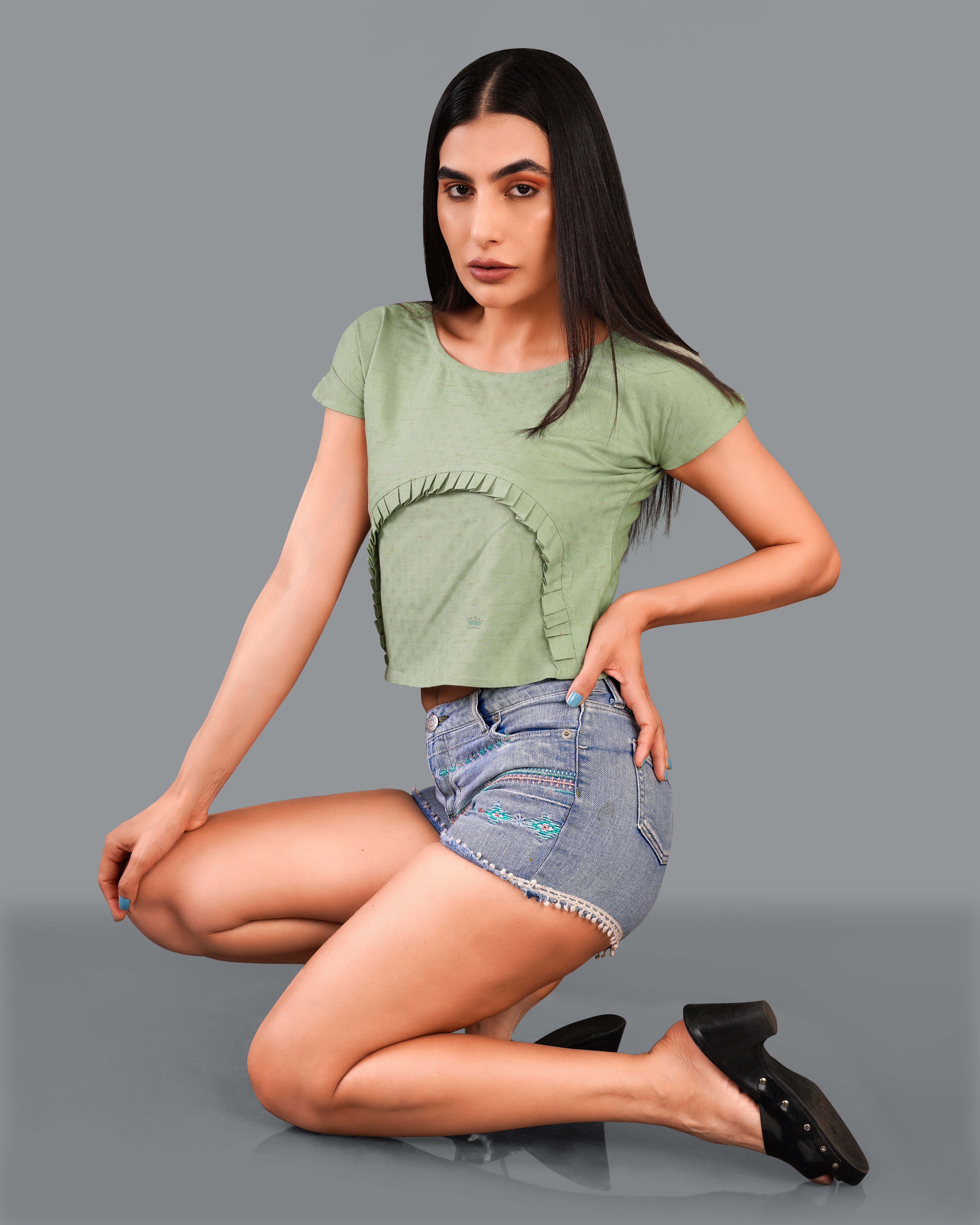 Asparagus Green Pleated Premium Cotton Crop Top WTP016-32, WTP016-34, WTP016-36, WTP016-38, WTP016-40, WTP016-42