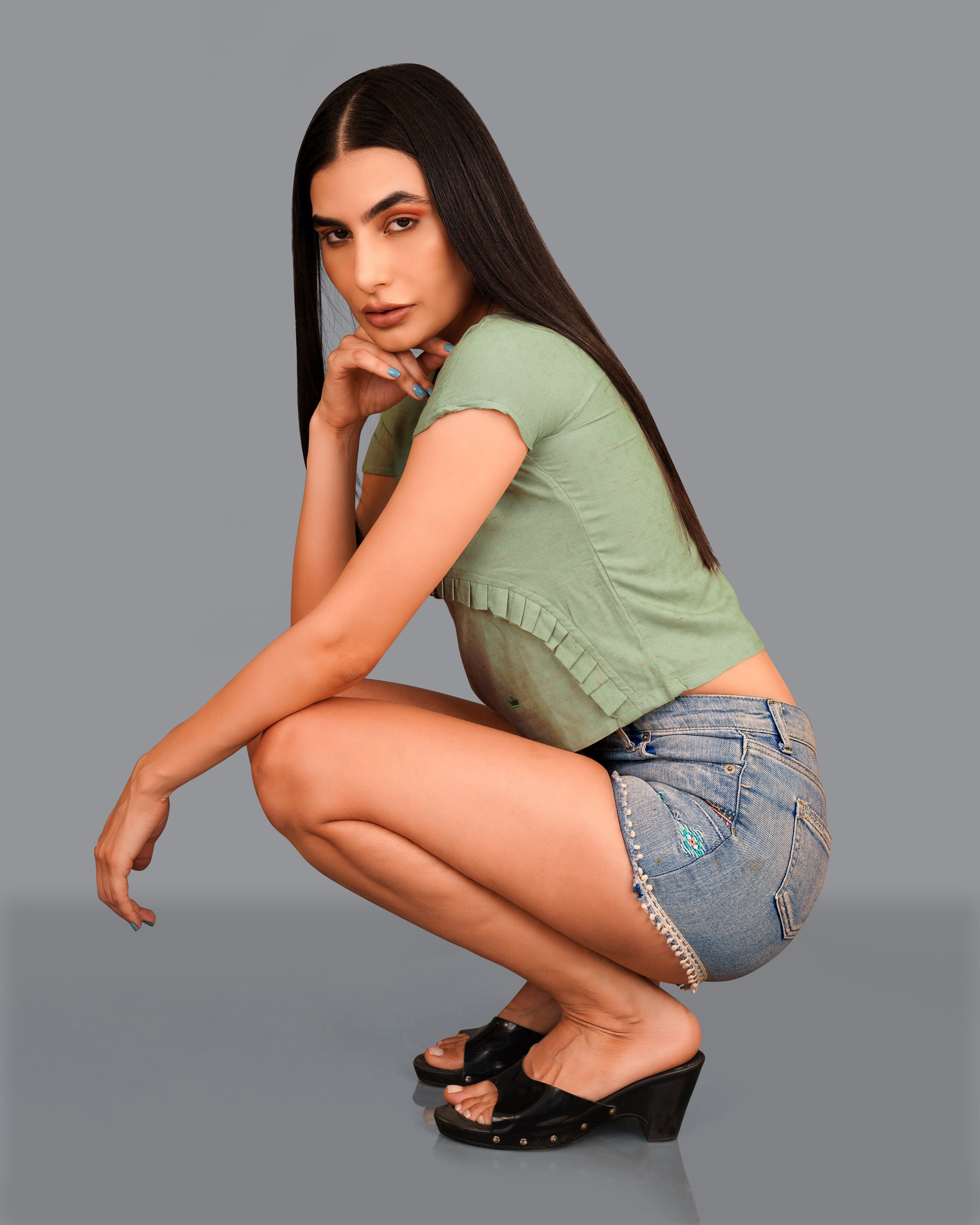 Asparagus Green Pleated Premium Cotton Crop Top WTP016-32, WTP016-34, WTP016-36, WTP016-38, WTP016-40, WTP016-42