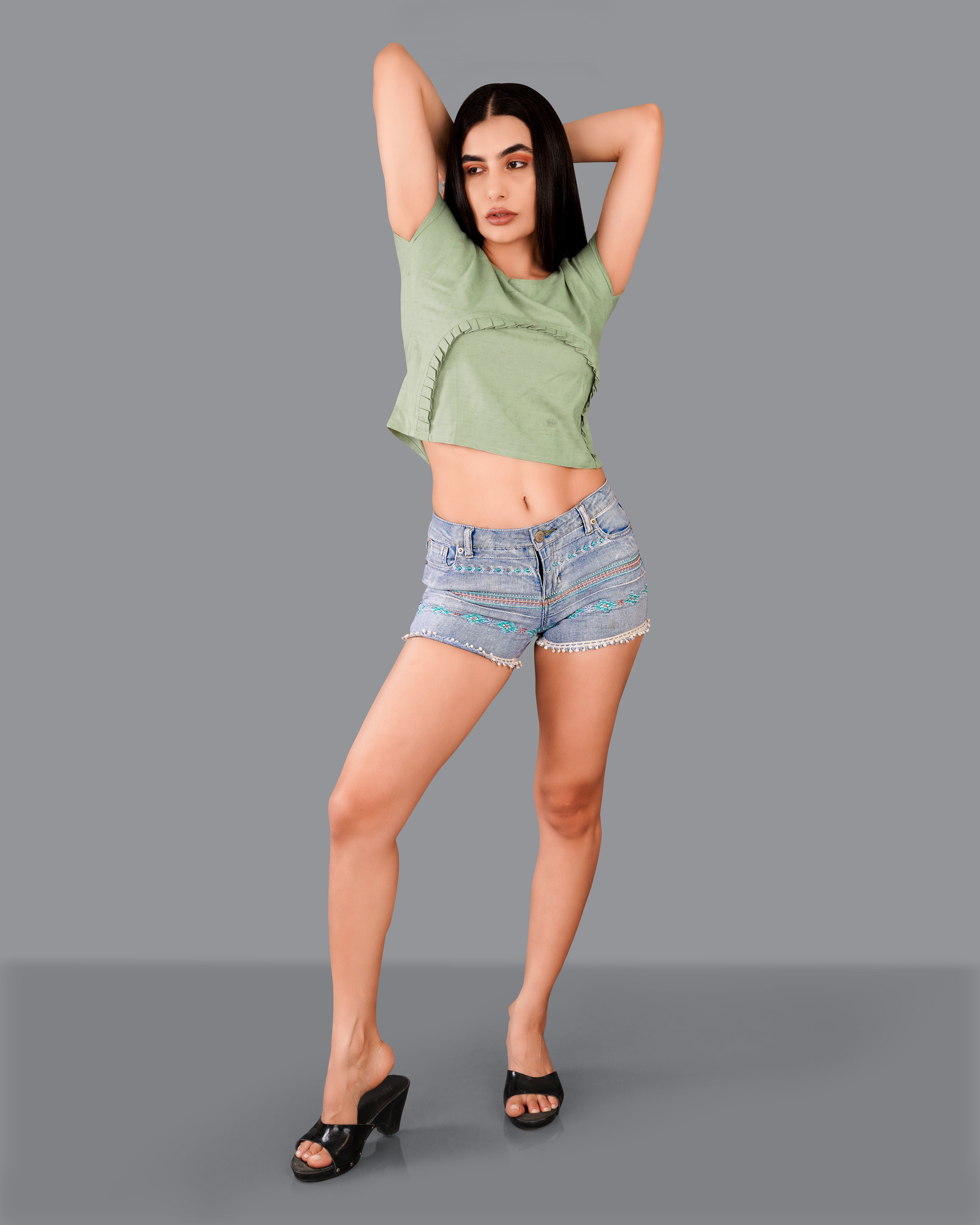 Asparagus Green Pleated Premium Cotton Crop Top WTP016-32, WTP016-34, WTP016-36, WTP016-38, WTP016-40, WTP016-42