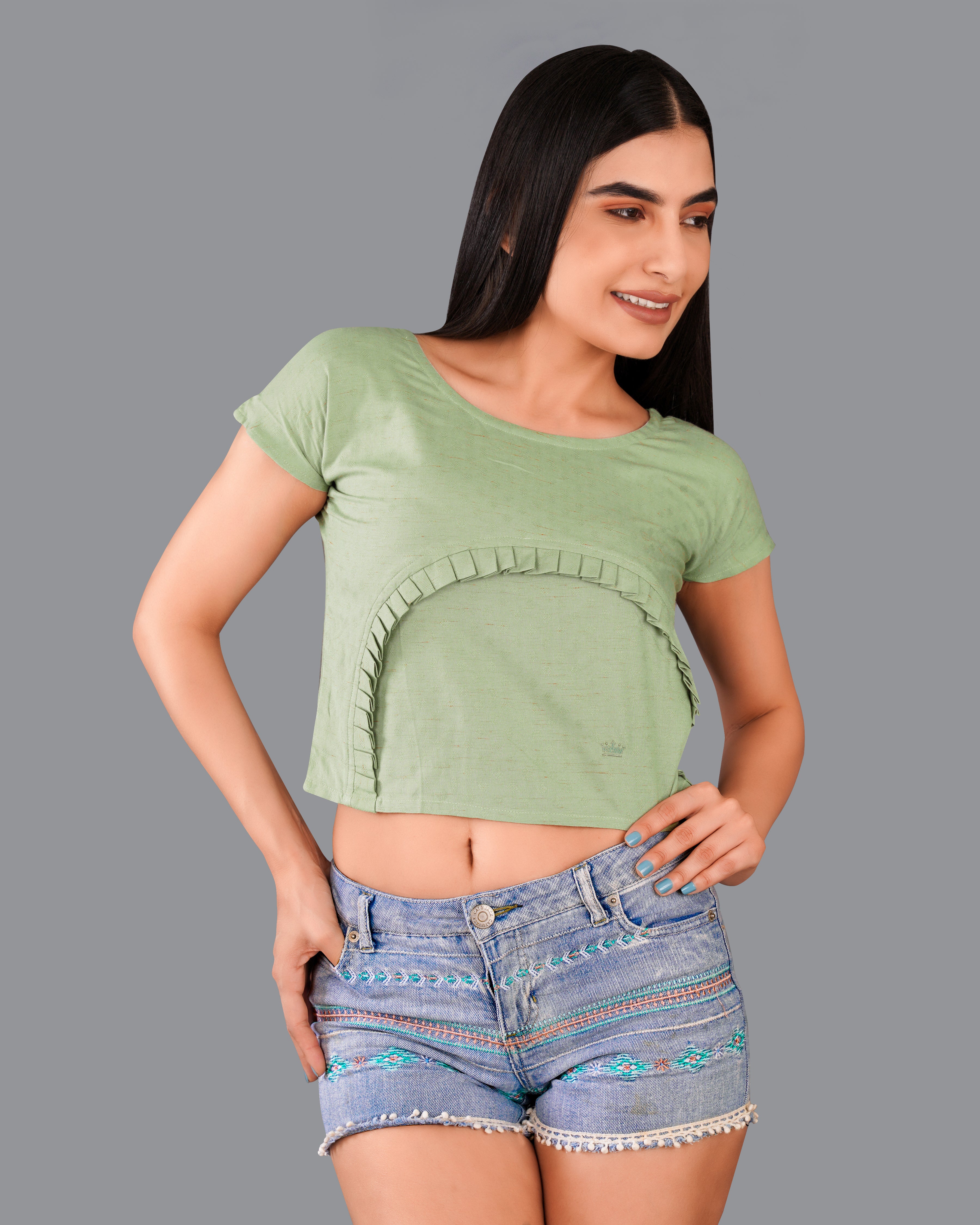 Asparagus Green Pleated Premium Cotton Crop Top WTP016-32, WTP016-34, WTP016-36, WTP016-38, WTP016-40, WTP016-42