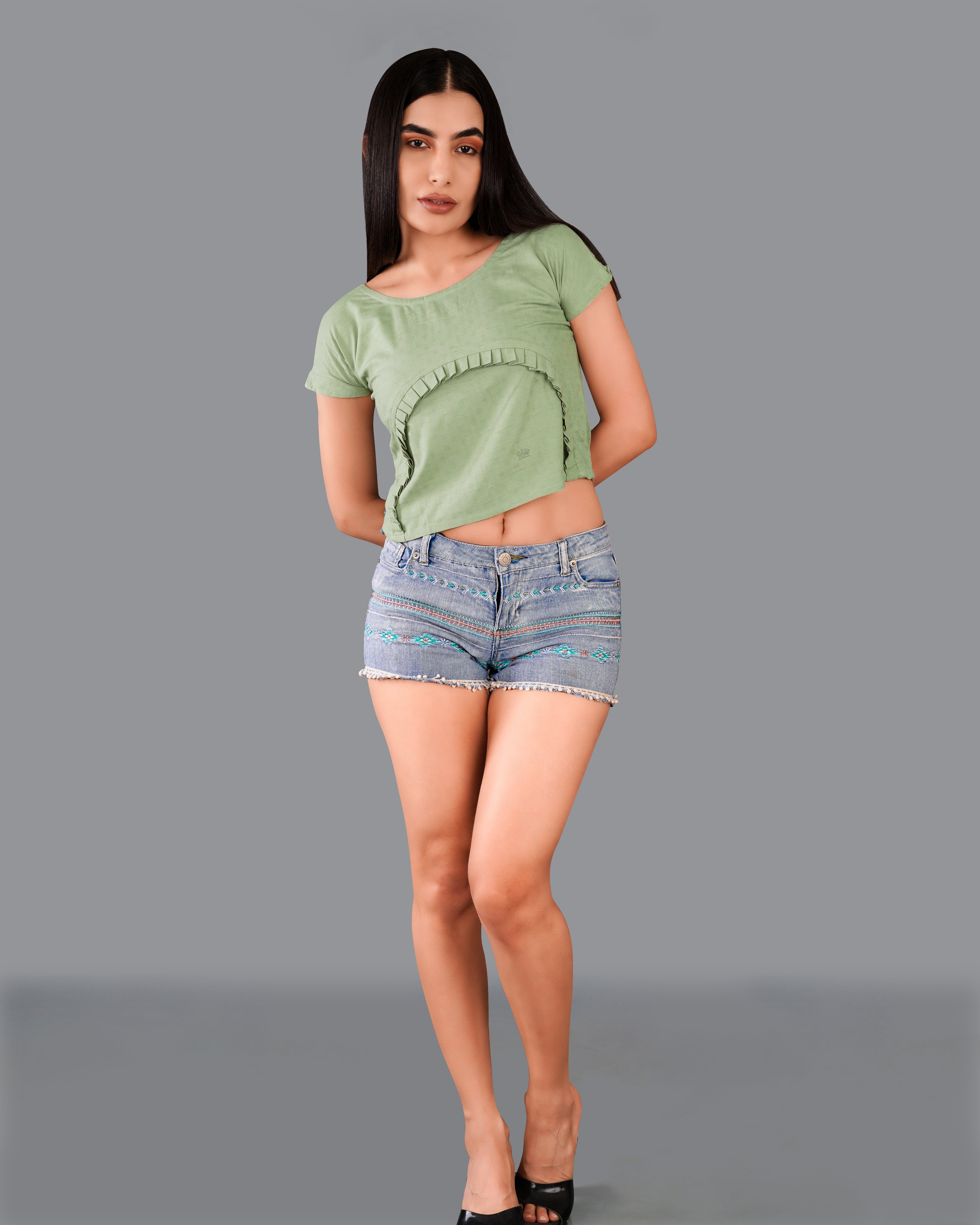 Asparagus Green Pleated Premium Cotton Crop Top WTP016-32, WTP016-34, WTP016-36, WTP016-38, WTP016-40, WTP016-42