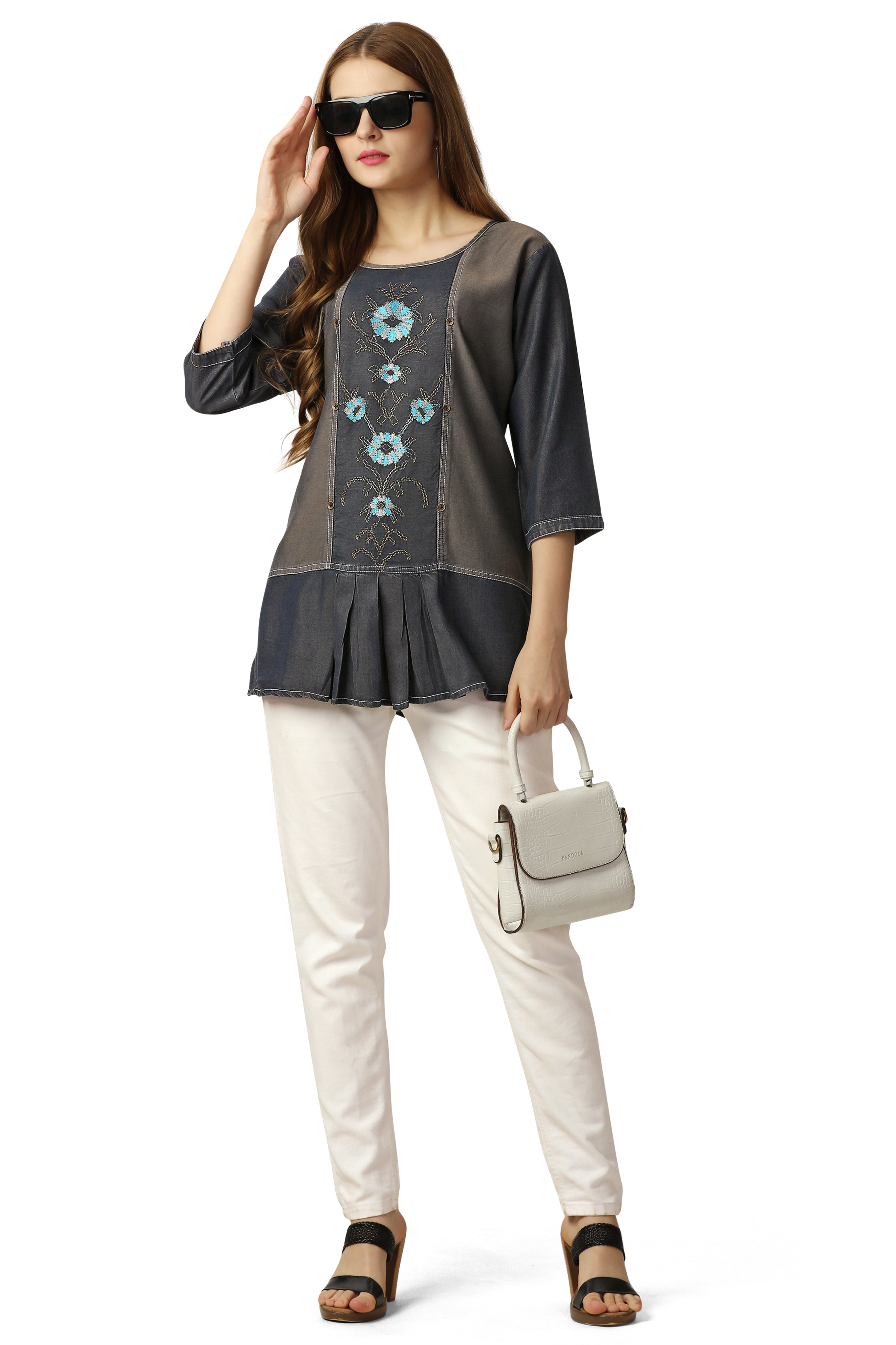 Sandstone Brown and Iridium Gray Denim Top