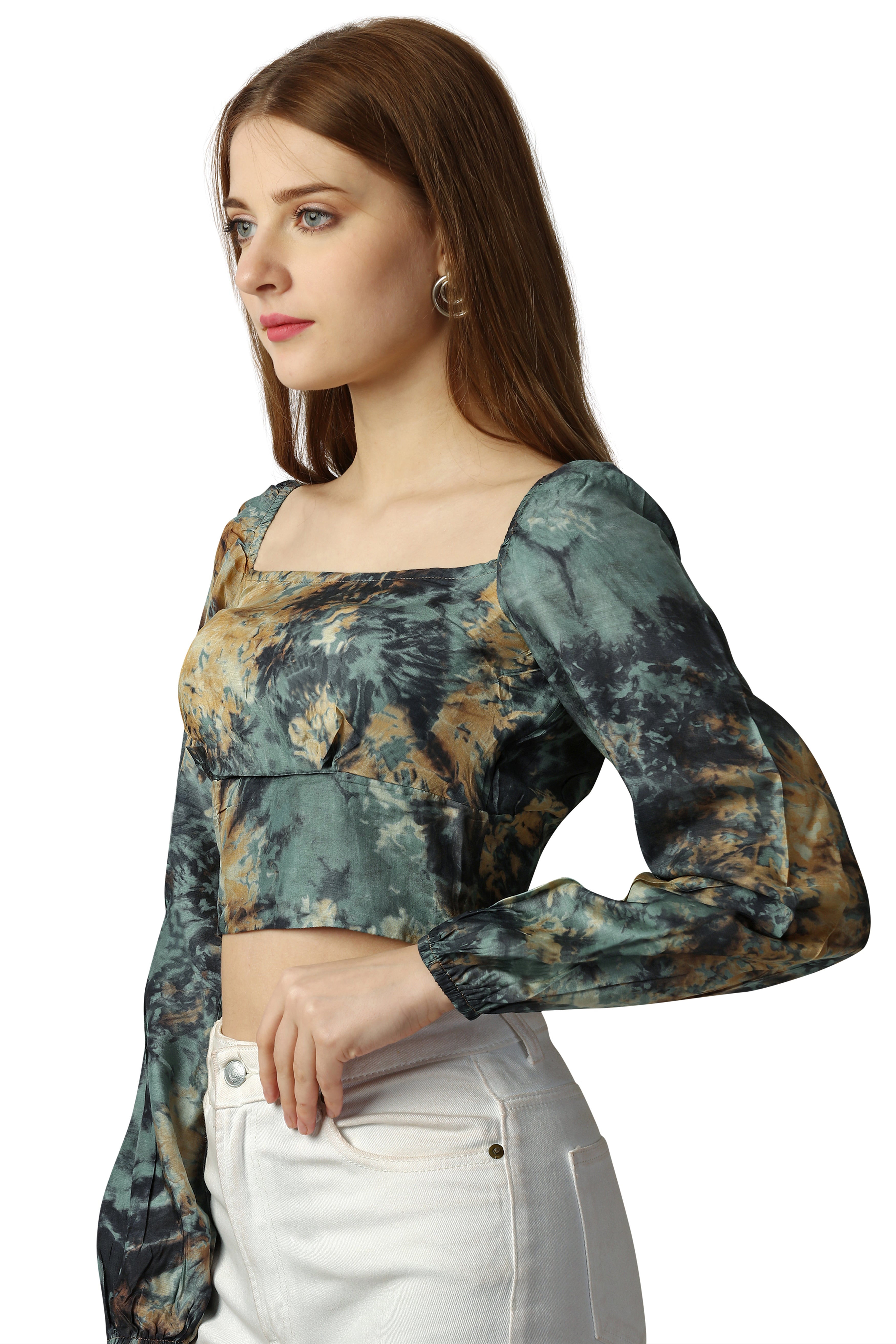Finlandia Green with Multicolored Printed Viscose Crop Top