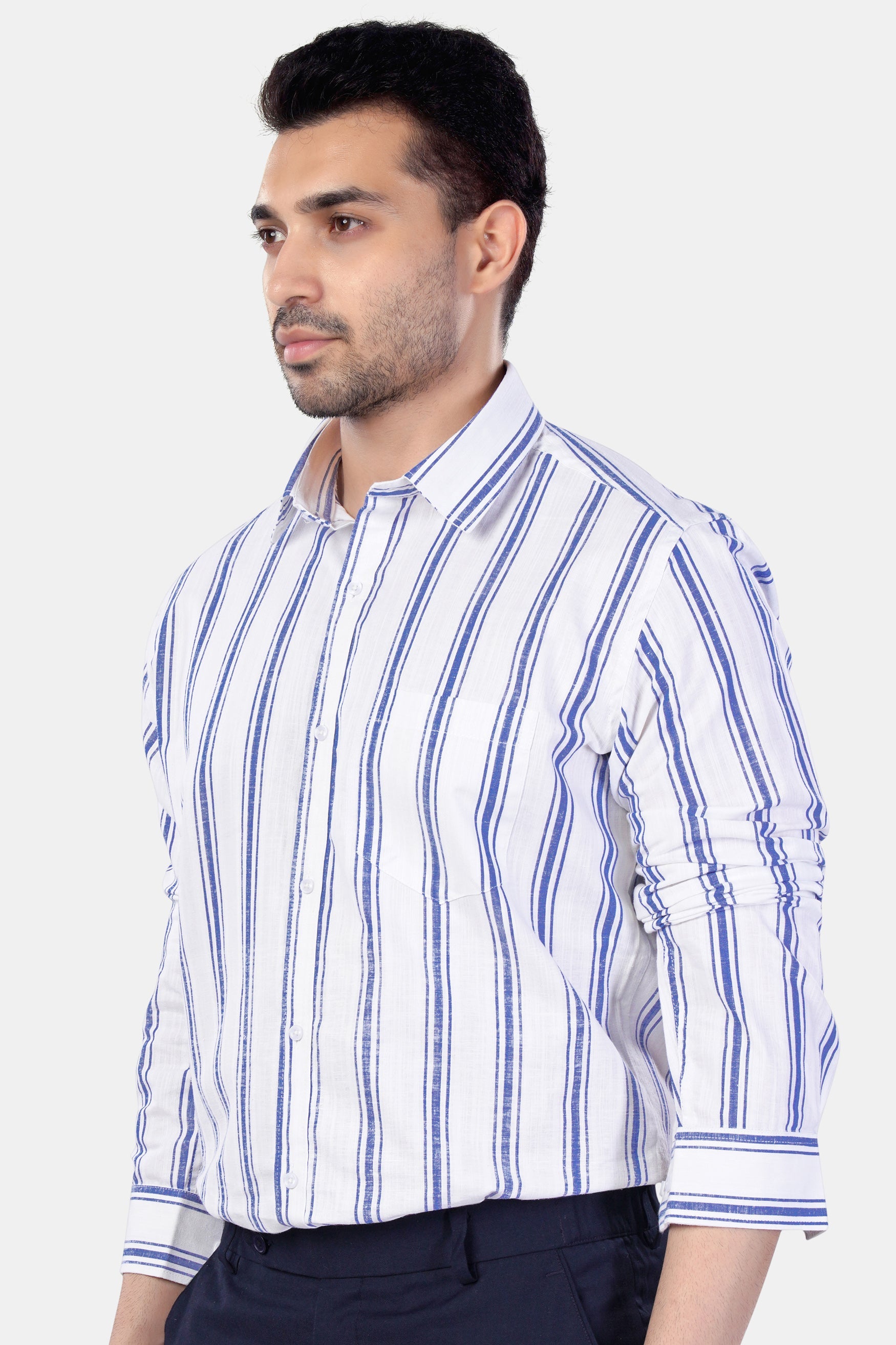 7swords-Bright White with Wild Yonde Blue Striped Premium Cotton Shirt