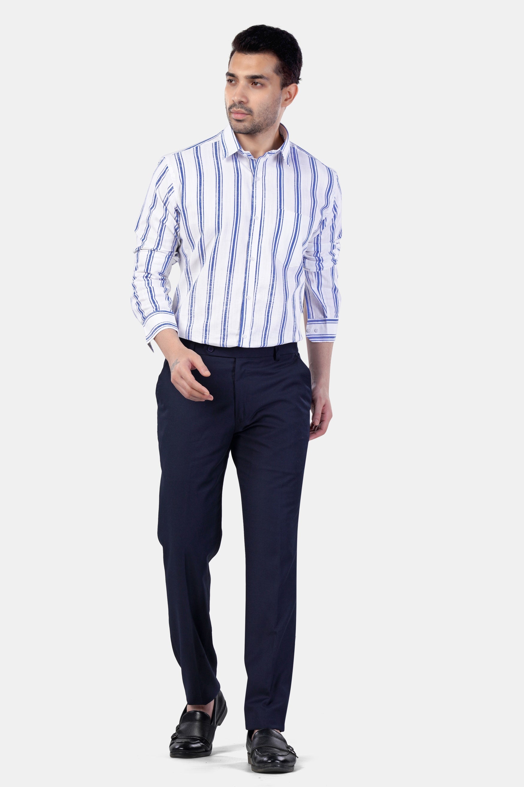 7swords-Bright White with Wild Yonde Blue Striped Premium Cotton Shirt