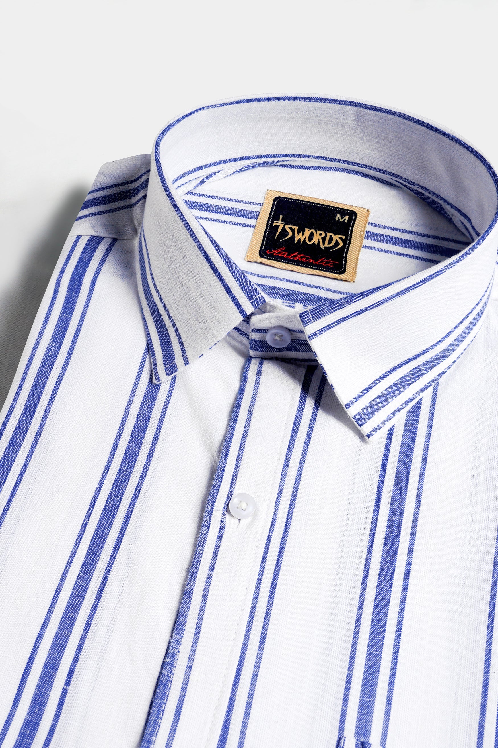 7swords-Bright White with Wild Yonde Blue Striped Premium Cotton Shirt