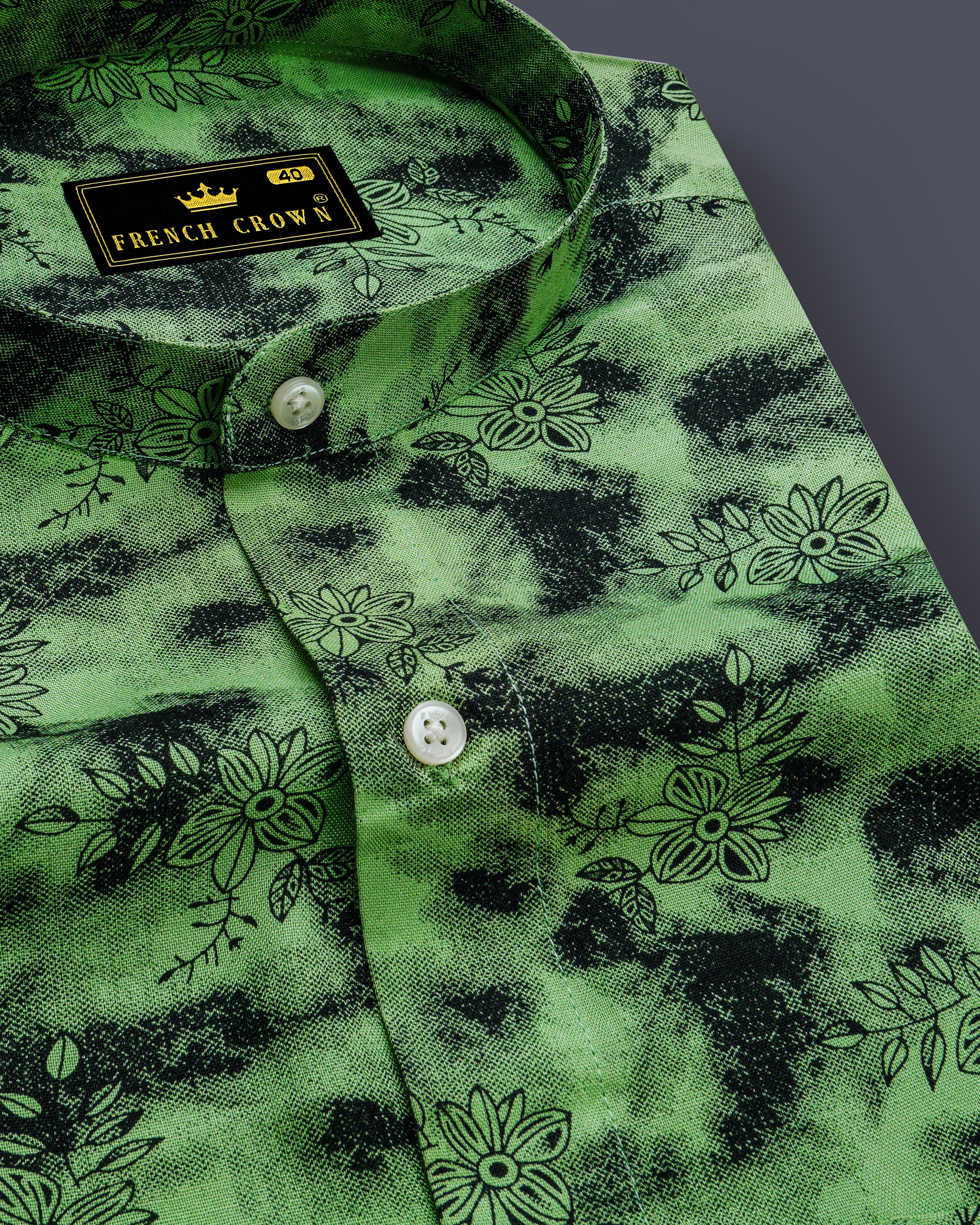 Coriander Green and Black Floral Textured Premium Tencel Shirt