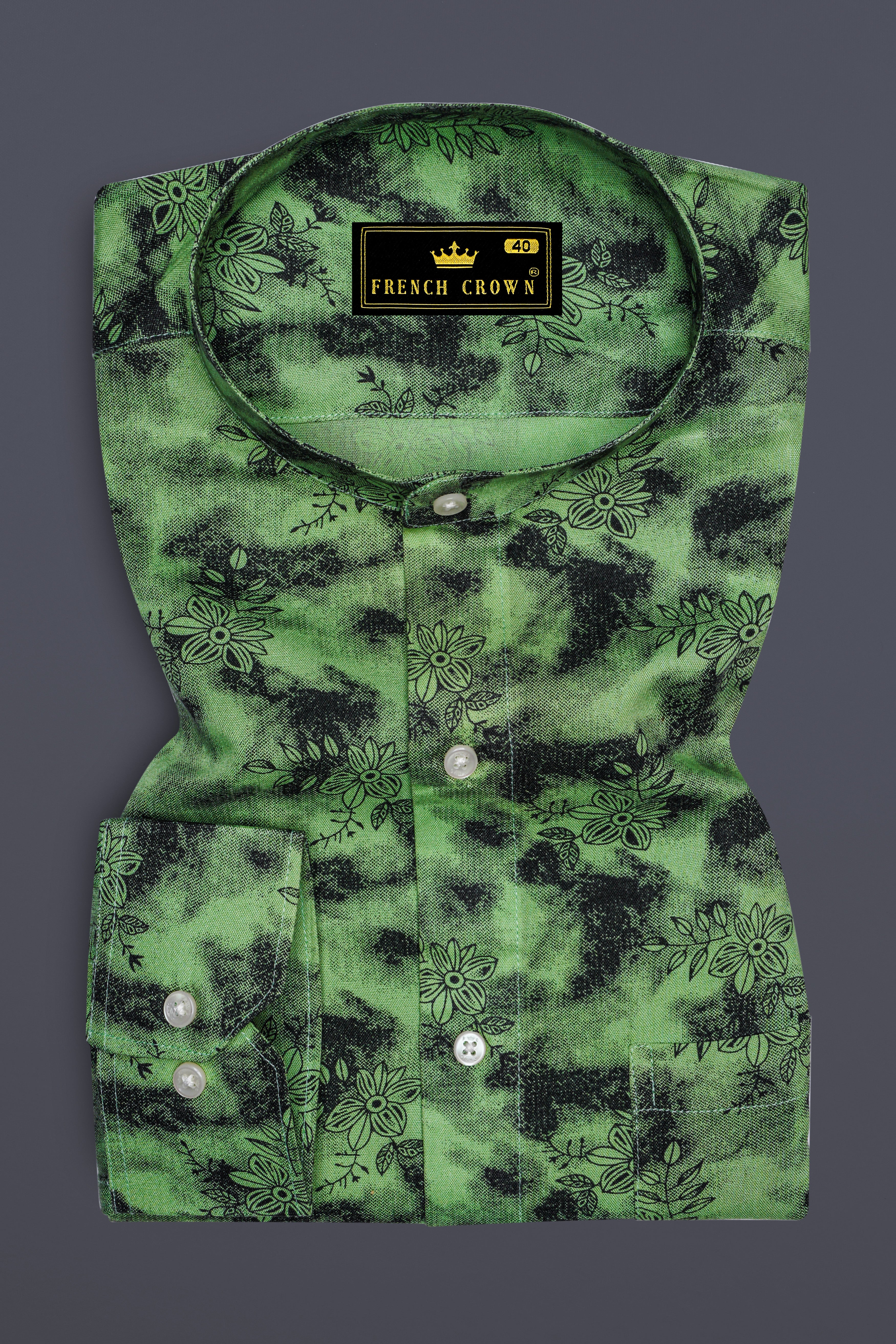 Coriander Green and Black Floral Textured Premium Tencel Shirt