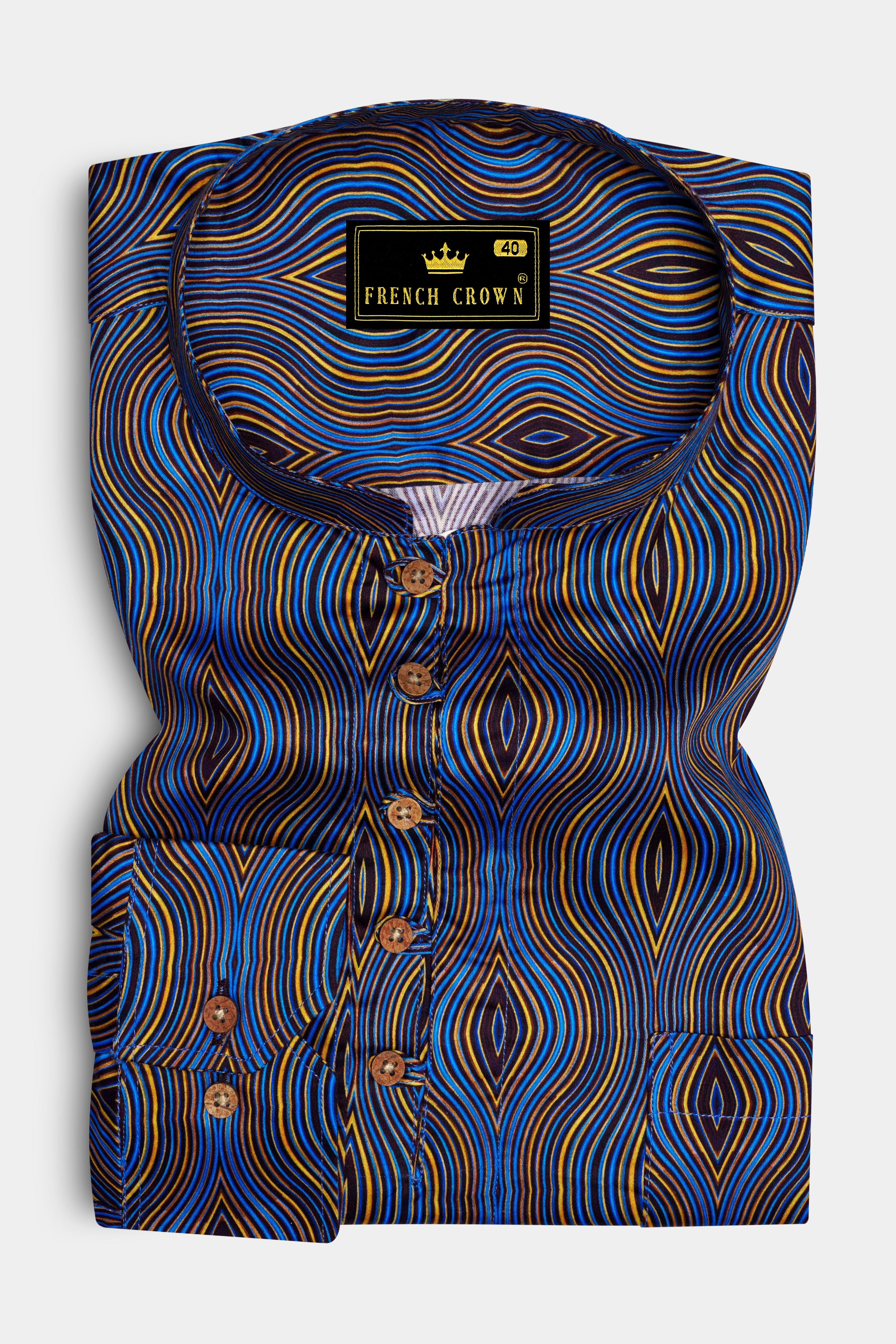 Mustard Yellow with Anakiwa Blue Illusion Printed Super Soft Premium Cotton Kurta Shirt