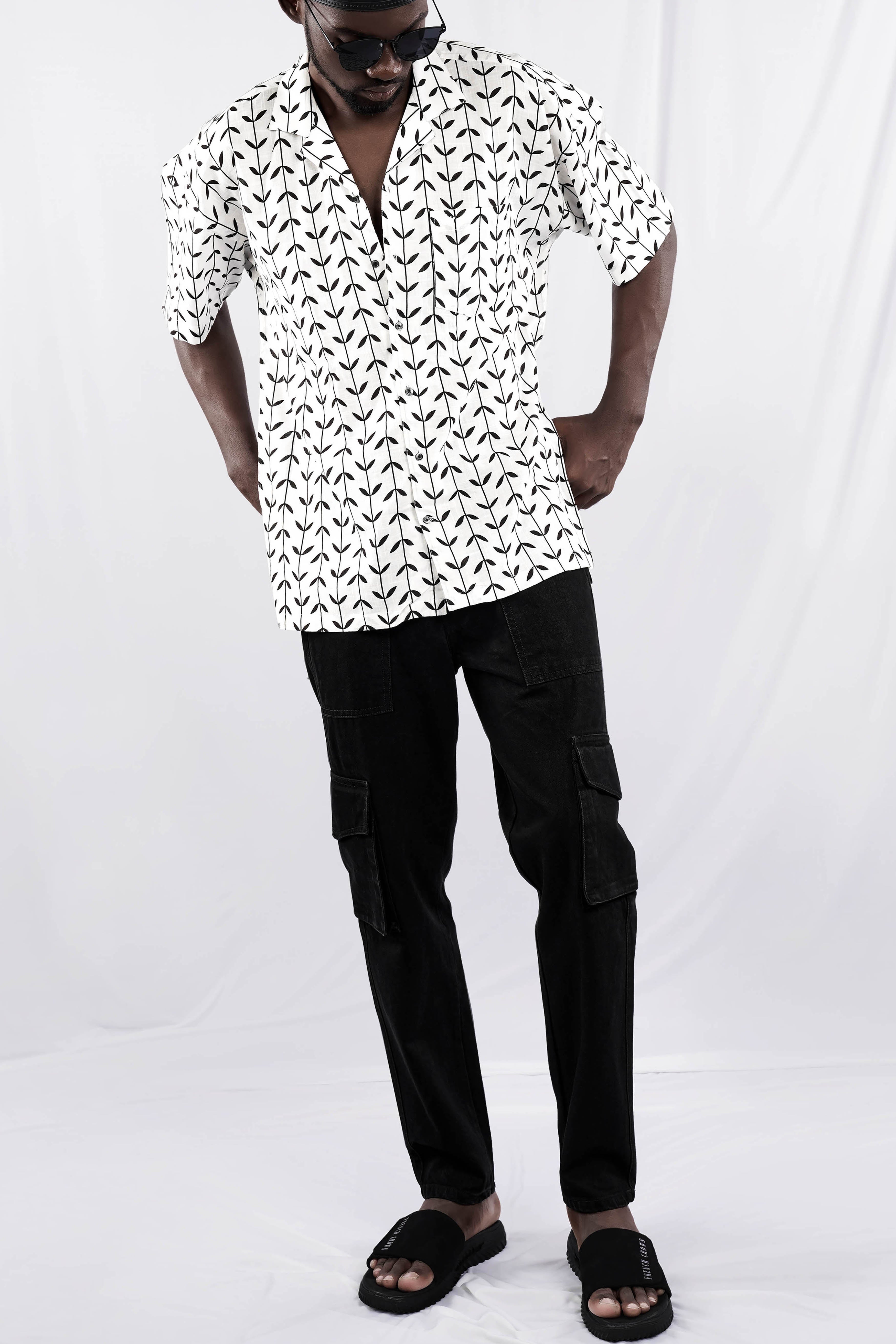 Bright White and Black Printed Lightweight Oversized Premium Cotton Shirt