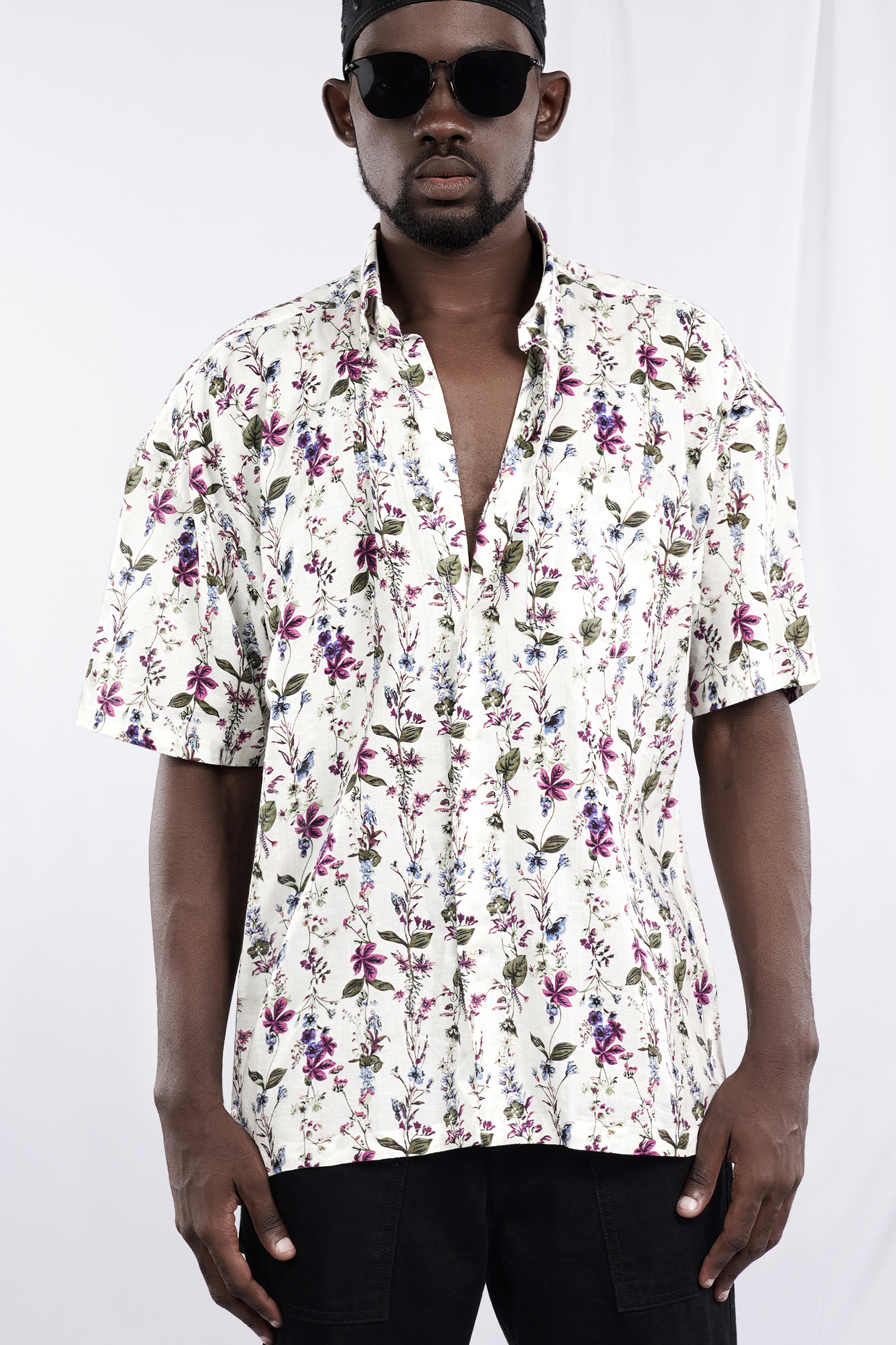 Bright White with Viola Pink and Shadow Green Ditsy Printed Lightweight Oversized Premium Cotton Shirt