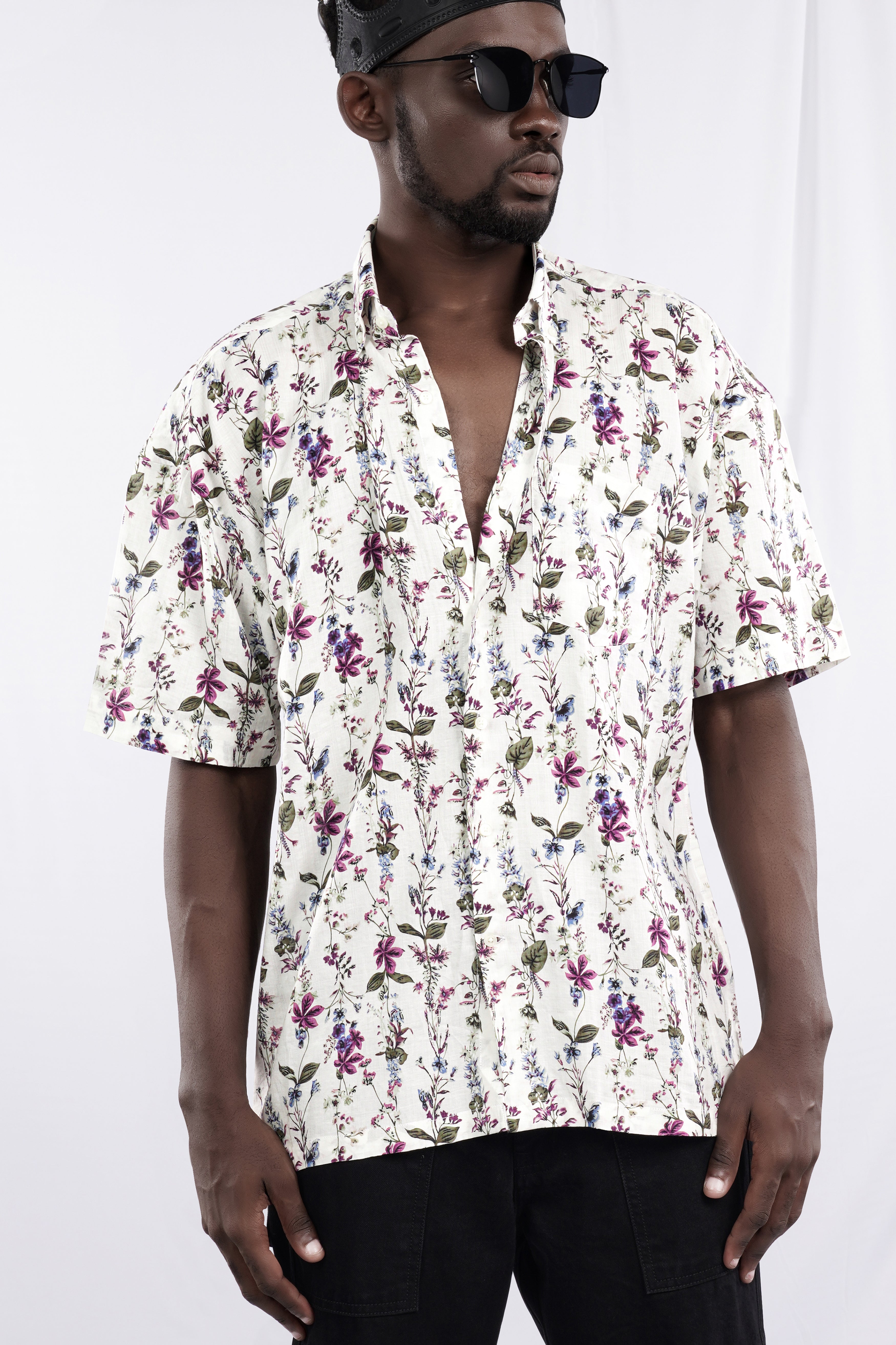 Bright White with Viola Pink and Shadow Green Ditsy Printed Lightweight Oversized Premium Cotton Shirt