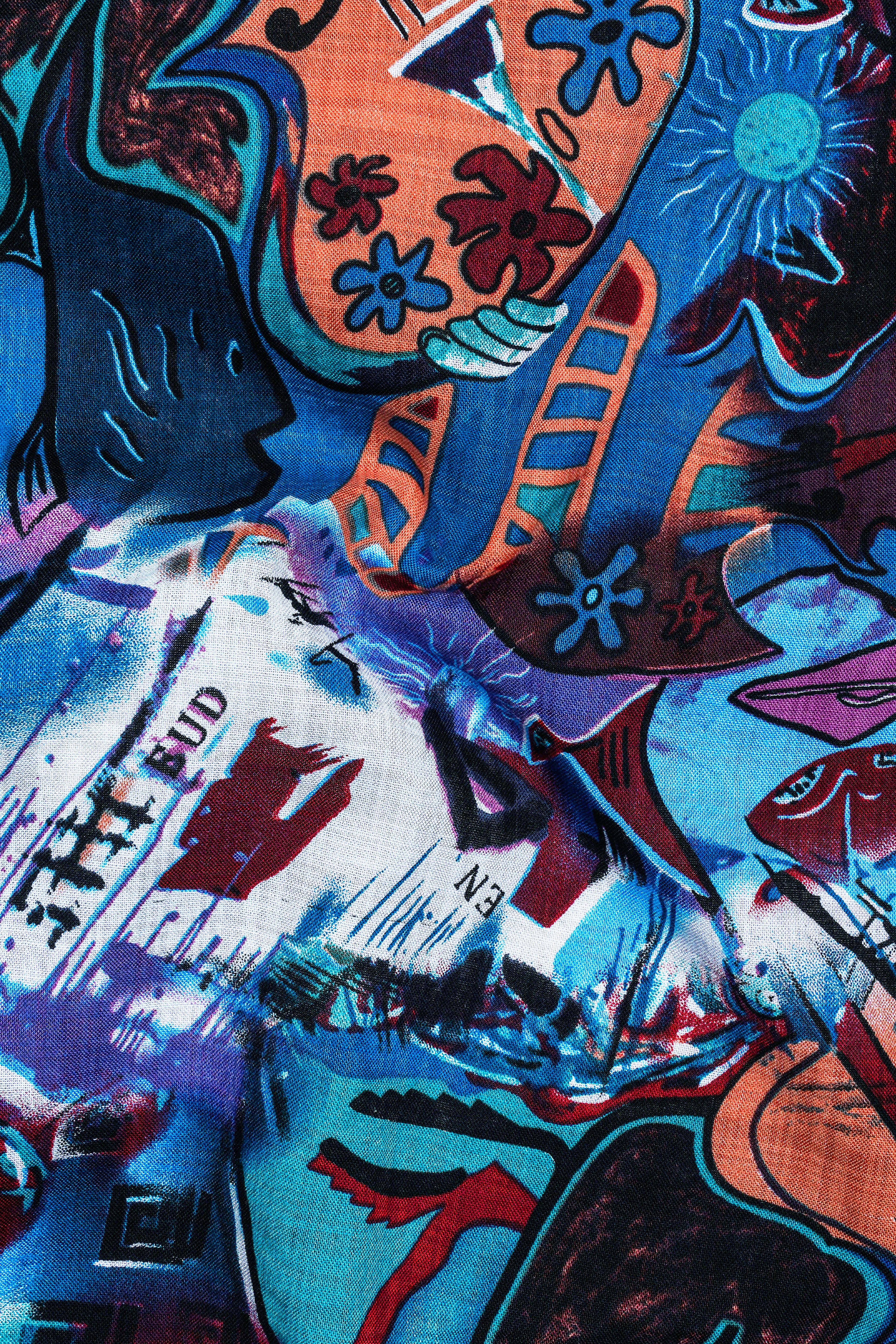 Cyan Blue Multicolour Abstract Printed Lightweight Oversized Premium Cotton Shirt