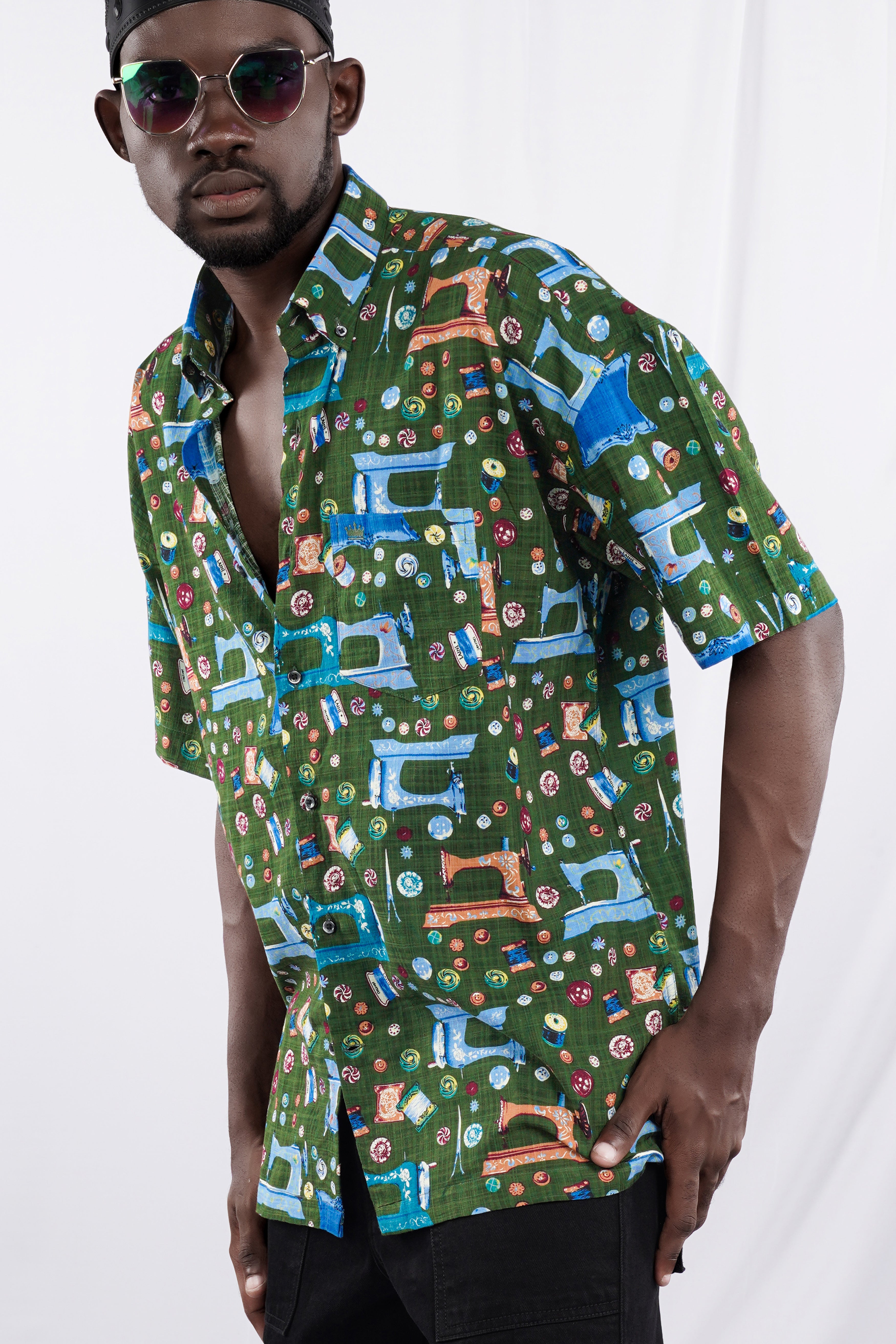 Myrtle Green and Lochmara Blue Printed Lightweight Oversized Premium Cotton Shirt