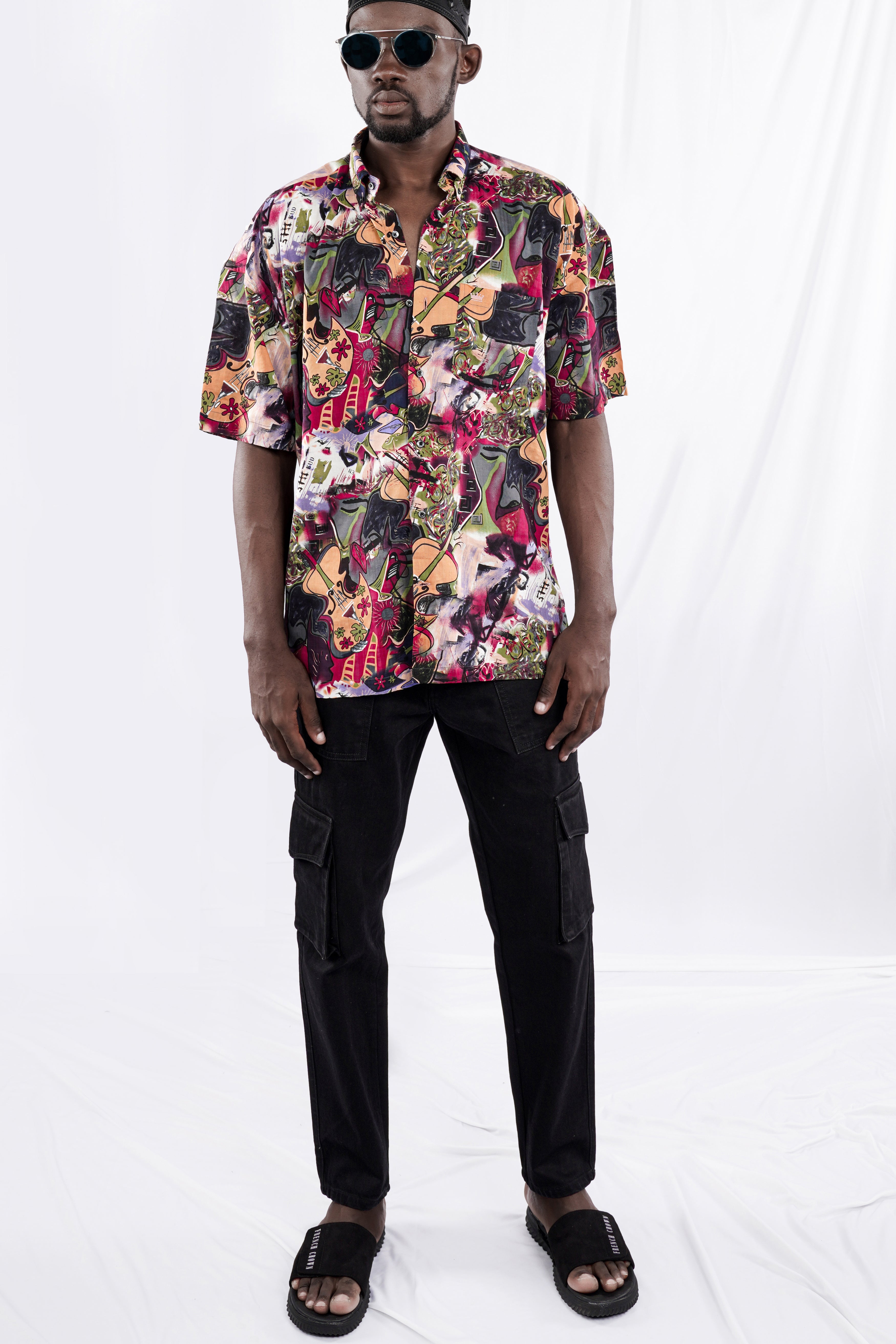 Jade Black with Merry Maroon Funky Printed Lightweight Premium Cotton Oversized Shirt