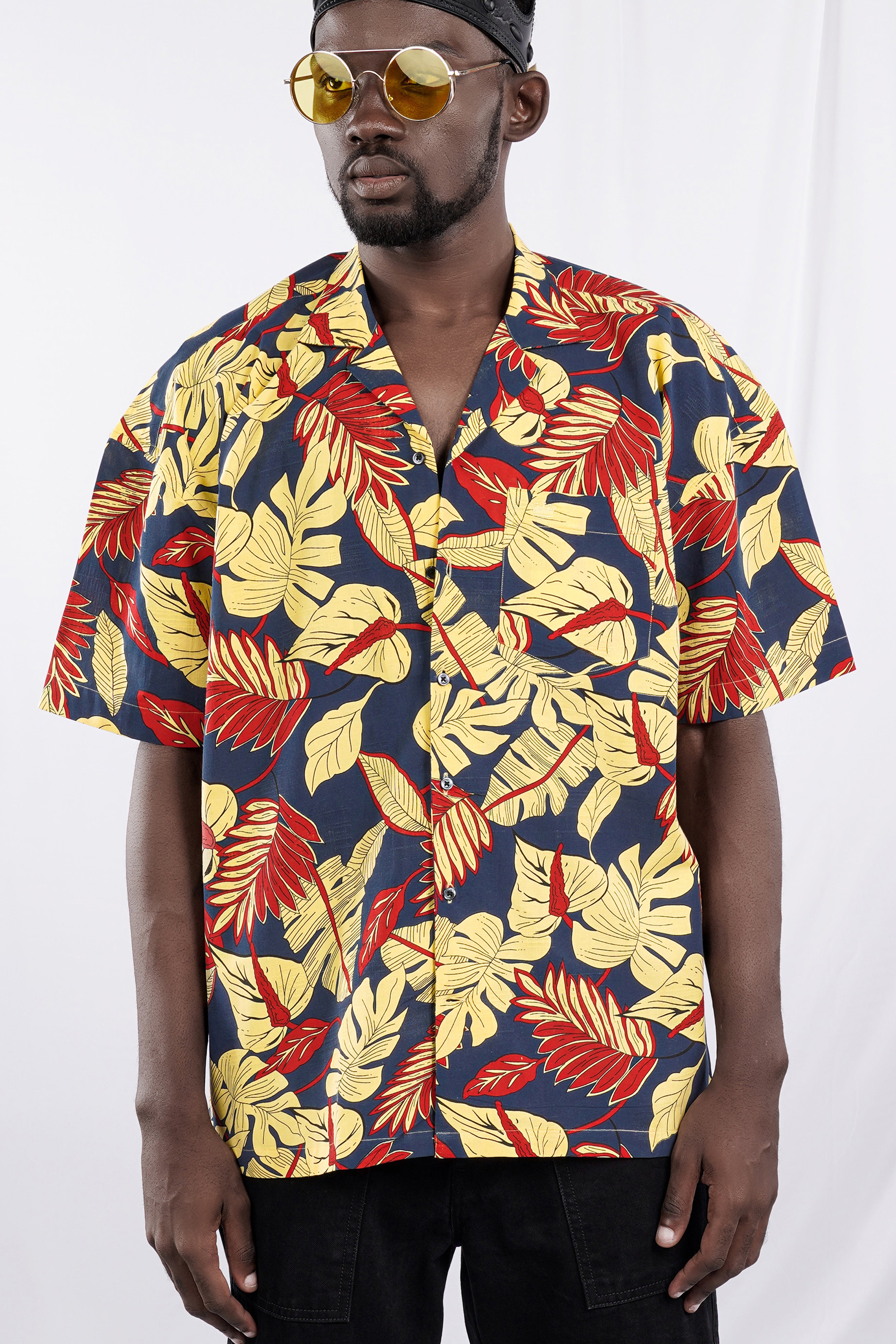 Primrose yellow and Martinique Blue Funky Printed Lightweight Oversized Premium Cotton Shirt