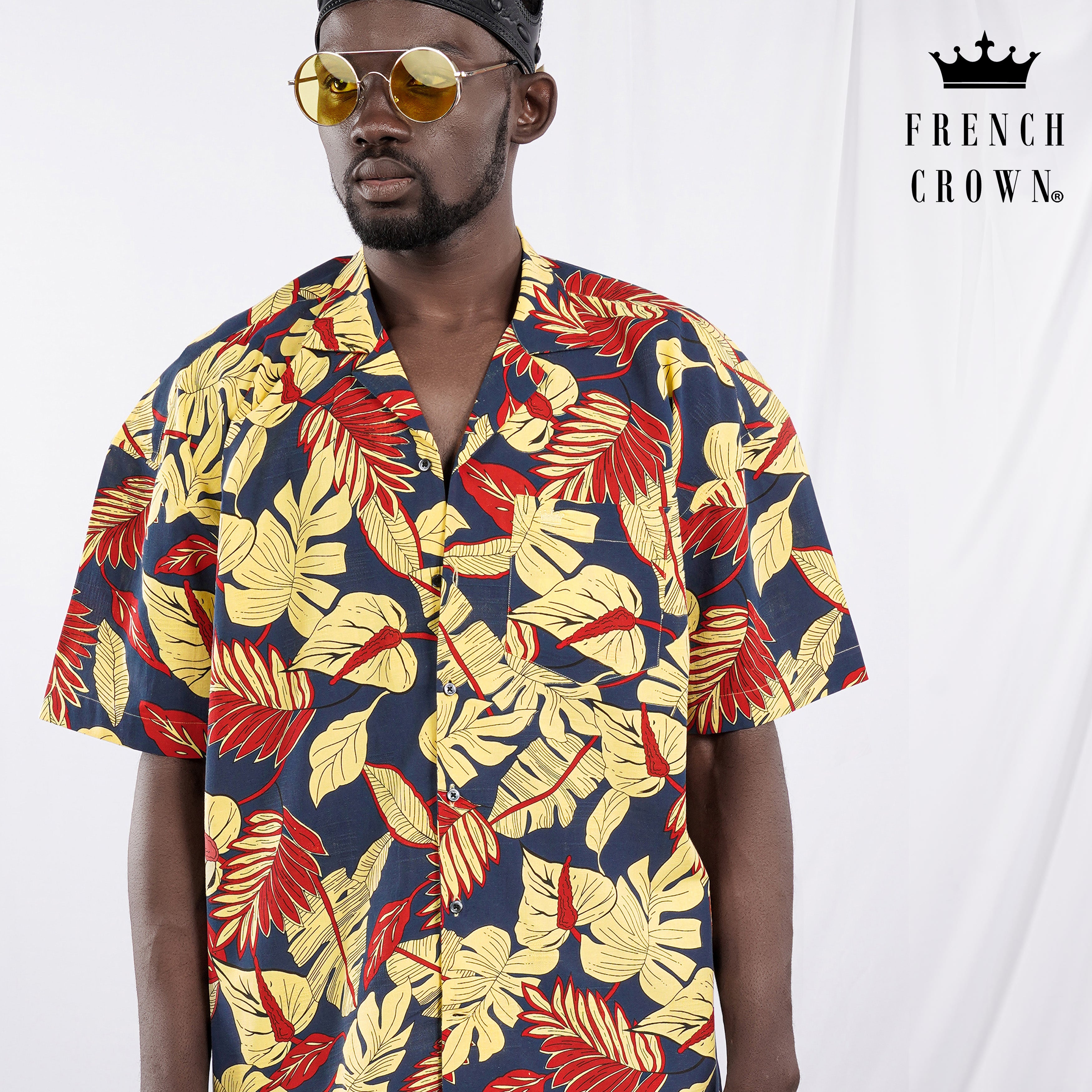 Primrose yellow and Martinique Blue Funky Printed Lightweight Oversized Premium Cotton Shirt