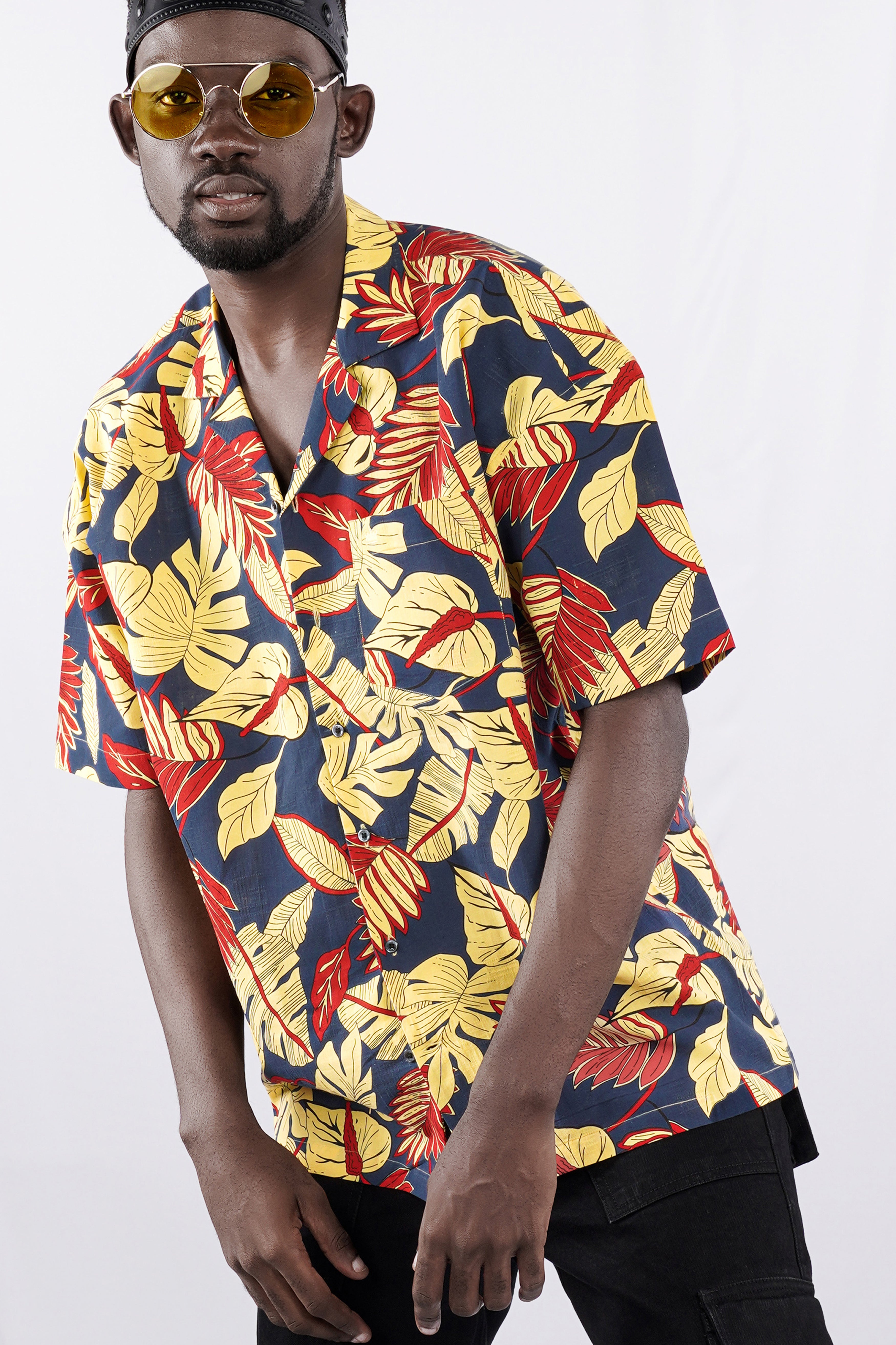 Primrose yellow and Martinique Blue Funky Printed Lightweight Oversized Premium Cotton Shirt