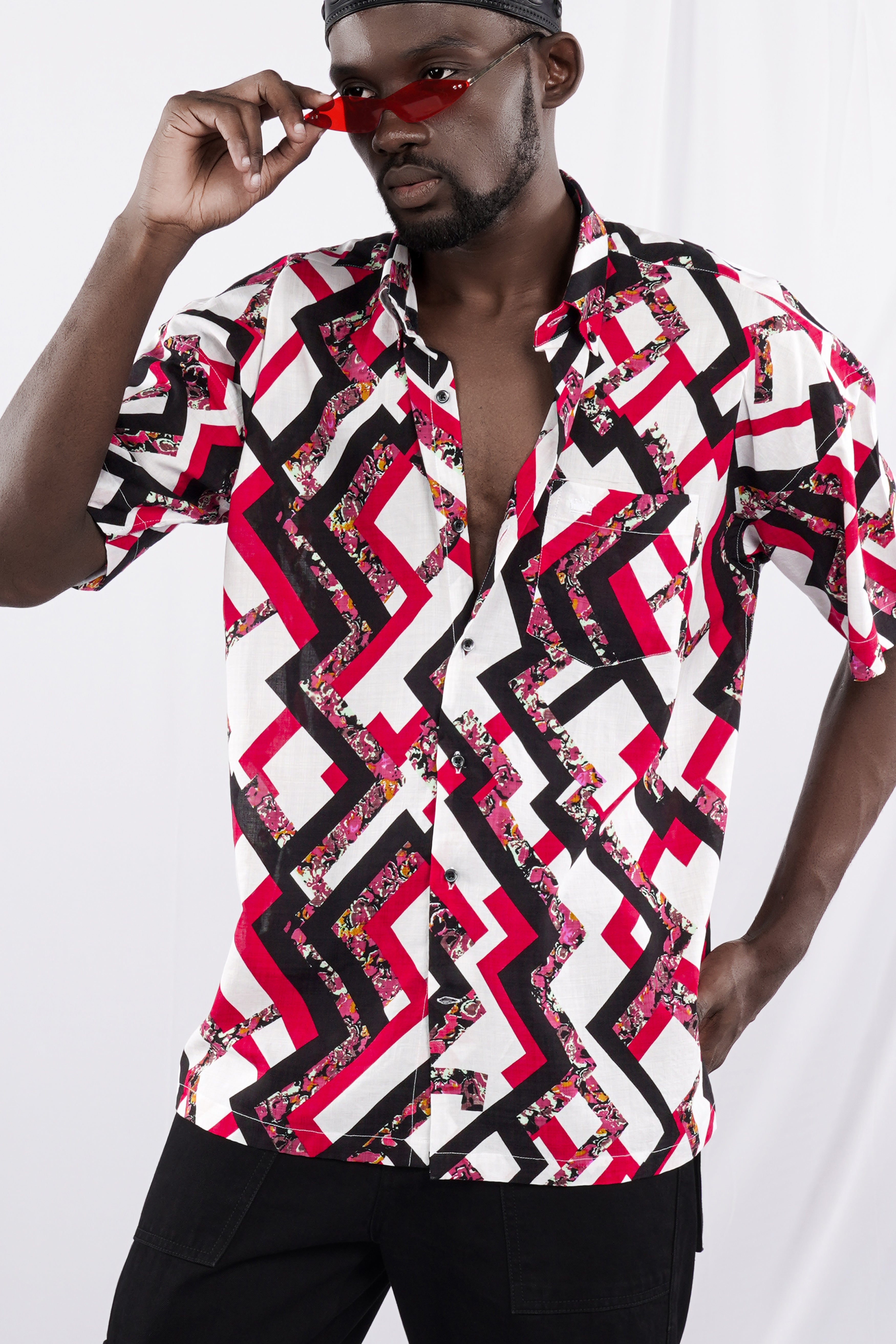 Cadmium Red with White and Black Funky Printed Lightweight Oversized Premium Cotton Shirt