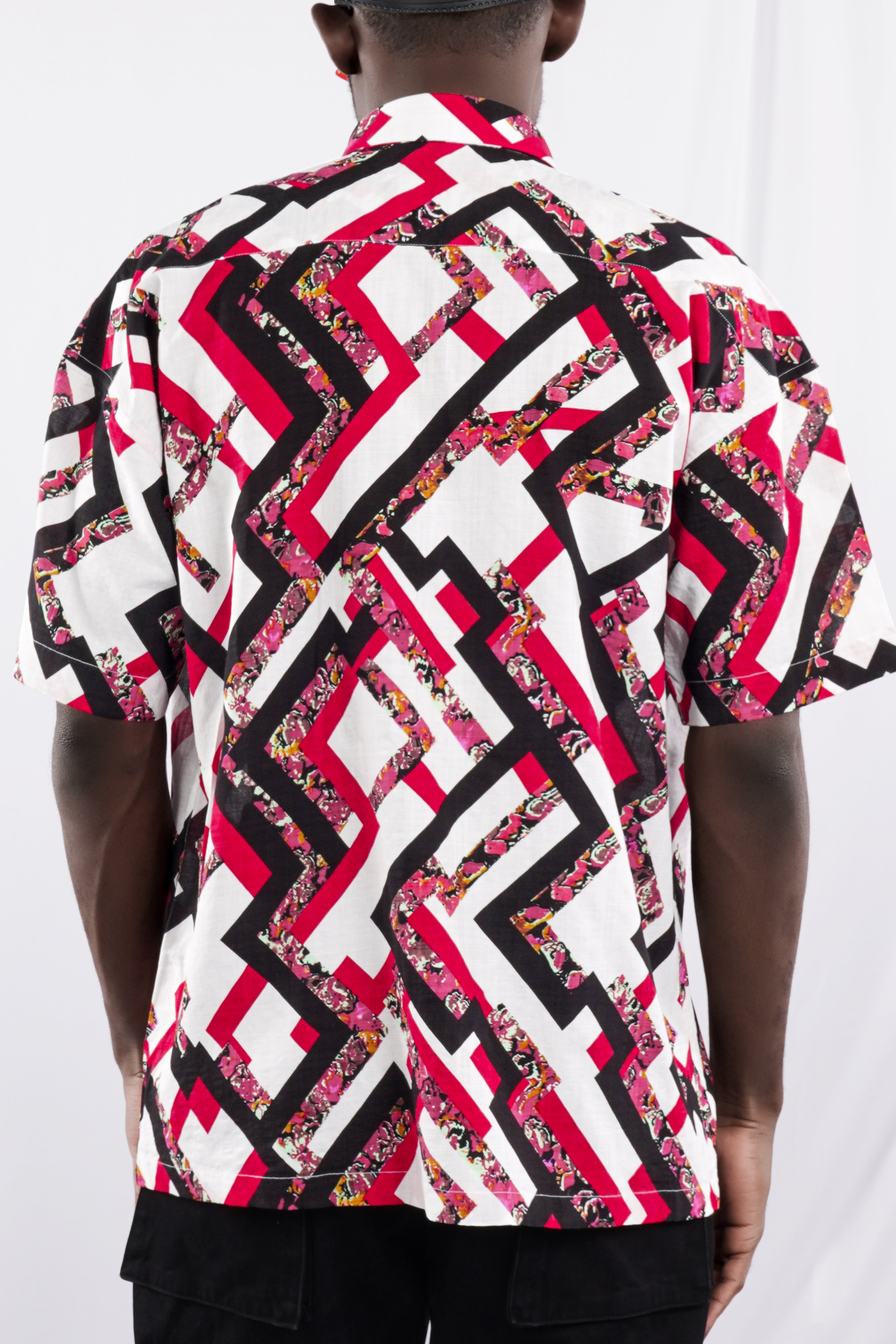 Cadmium Red with White and Black Funky Printed Lightweight Oversized Premium Cotton Shirt