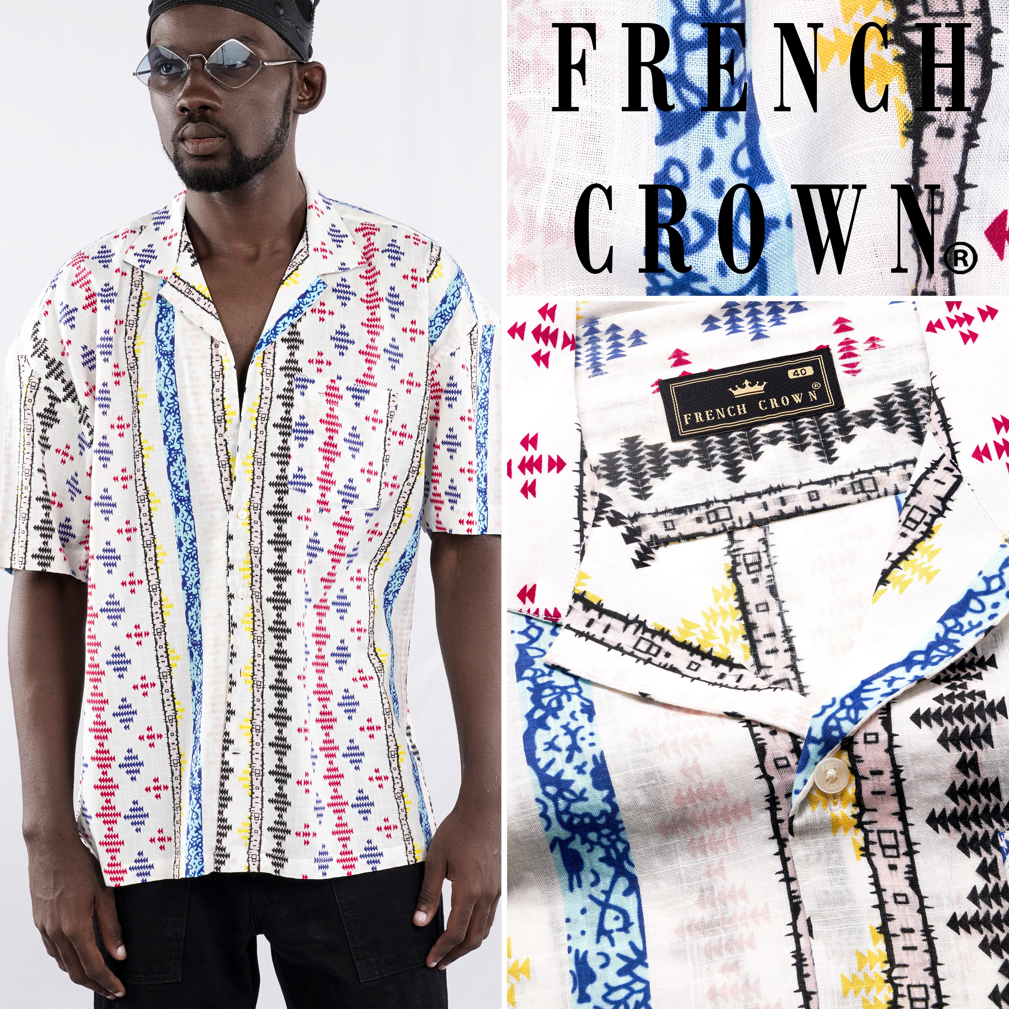 Bright White with Cherry Red and Cobalt Blue Printed Lightweight Oversized Premium Cotton Shirt