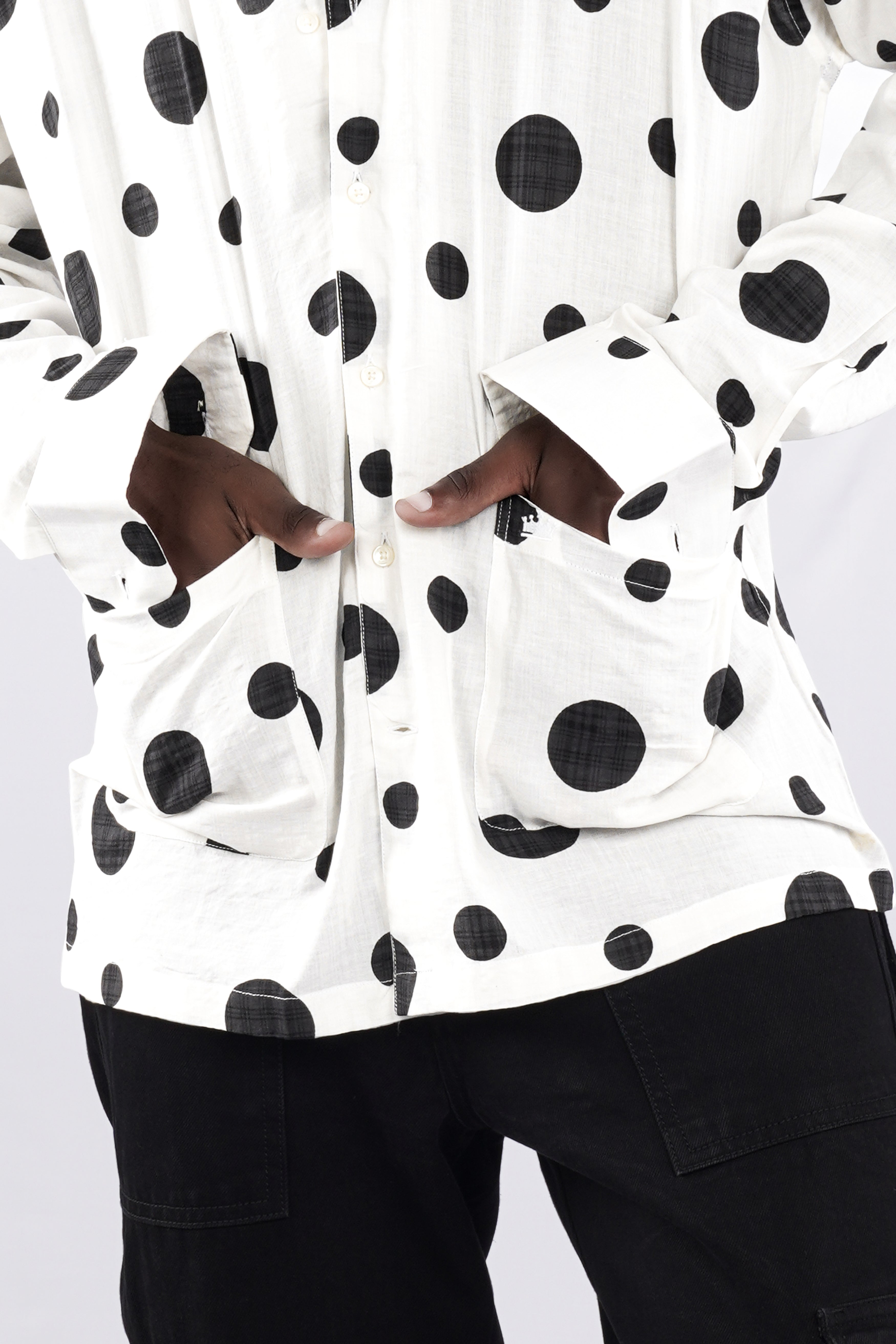 Bright White with Jade Black Polka Dotted Lightweight Premium Cotton Designer Oversized Shirt 10042-CC-OSS-P637-38,10042-CC-OSS-P637-39,10042-CC-OSS-P637-40,10042-CC-OSS-P637-42,10042-CC-OSS-P637-44,10042-CC-OSS-P637-46,10042-CC-OSS-P637-48,10042-CC-OSS-P637-50,10042-CC-OSS-P637-52