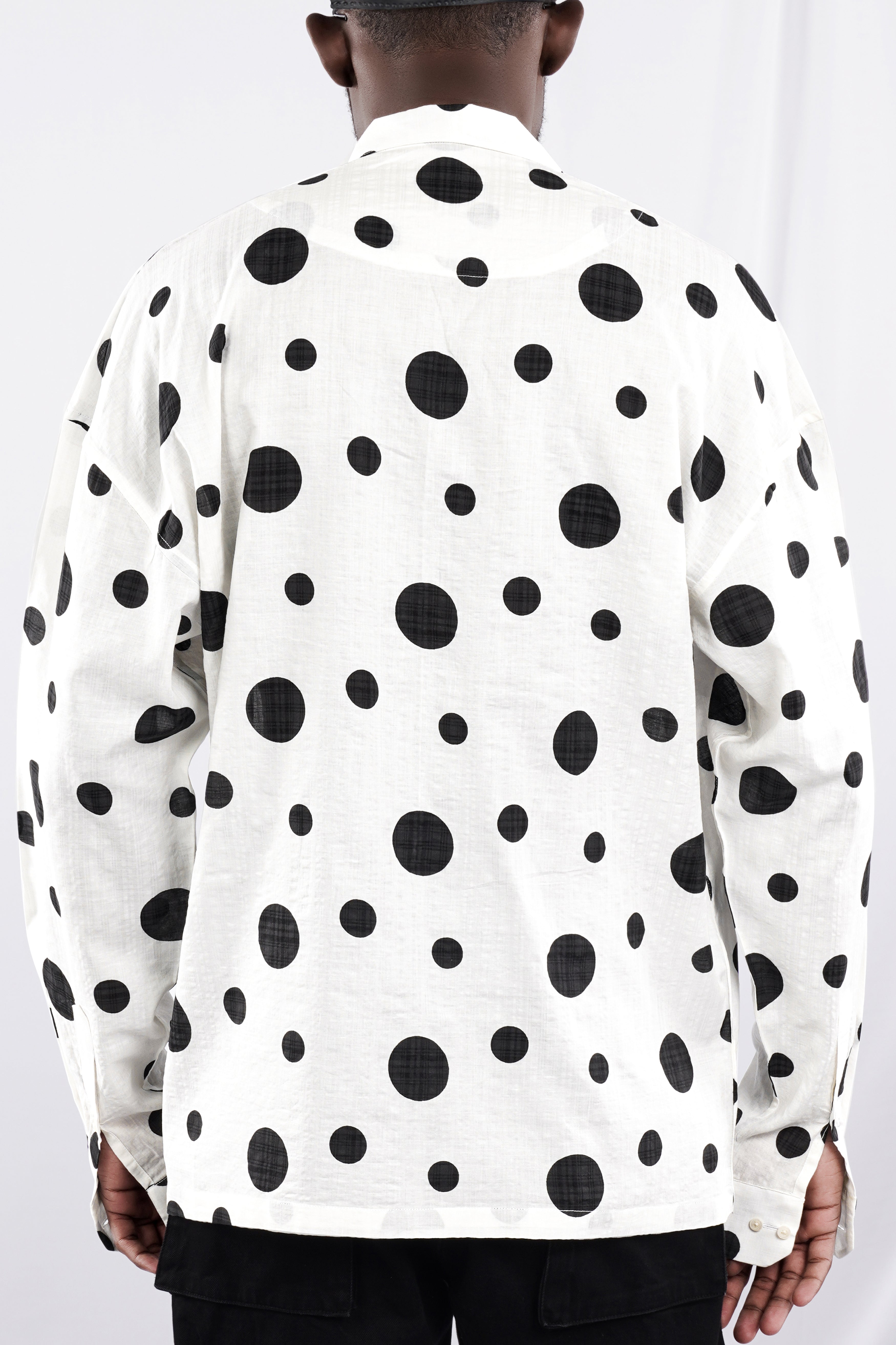 Bright White with Jade Black Polka Dotted Lightweight Premium Cotton Designer Oversized Shirt