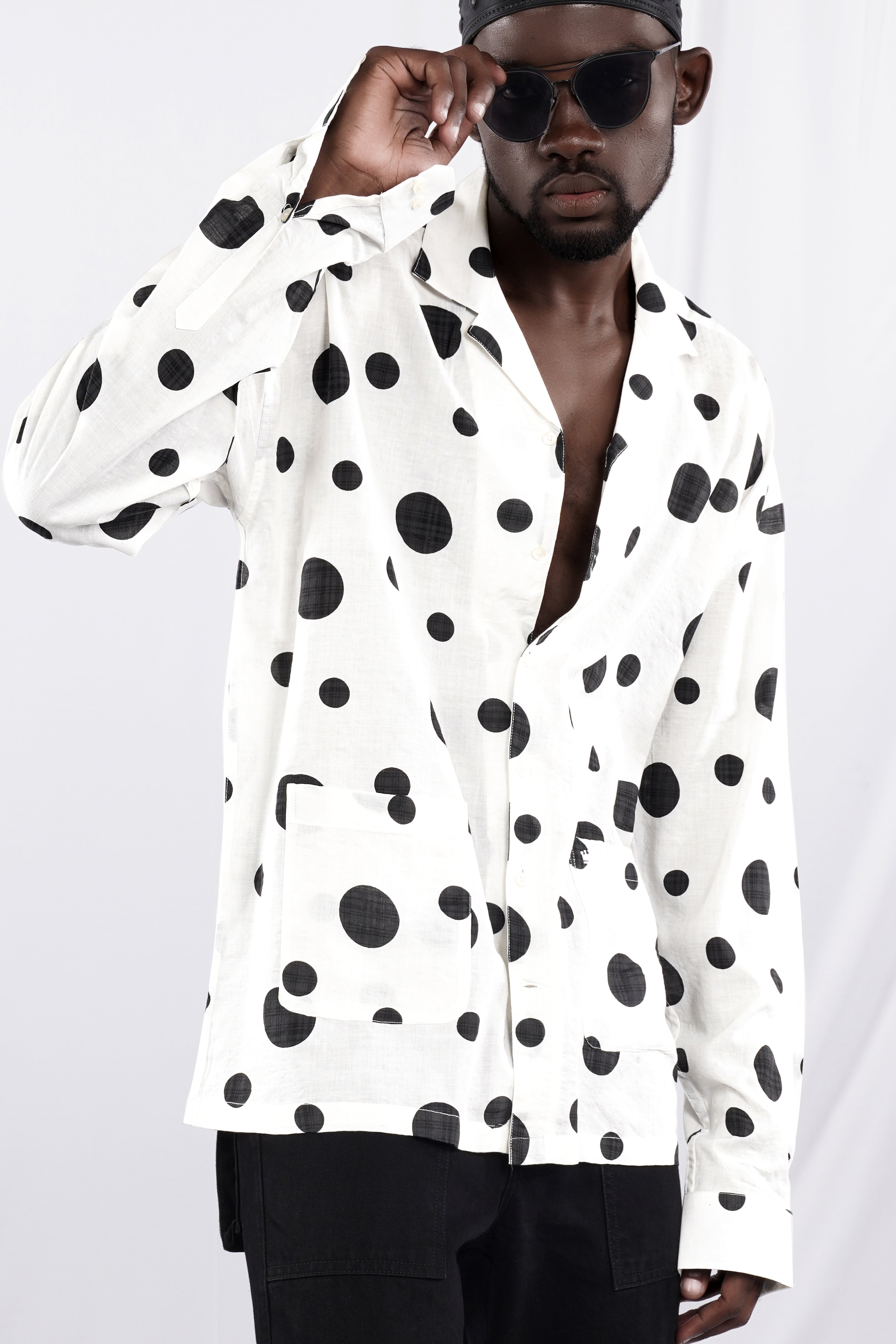 Bright White with Jade Black Polka Dotted Lightweight Premium Cotton Designer Oversized Shirt