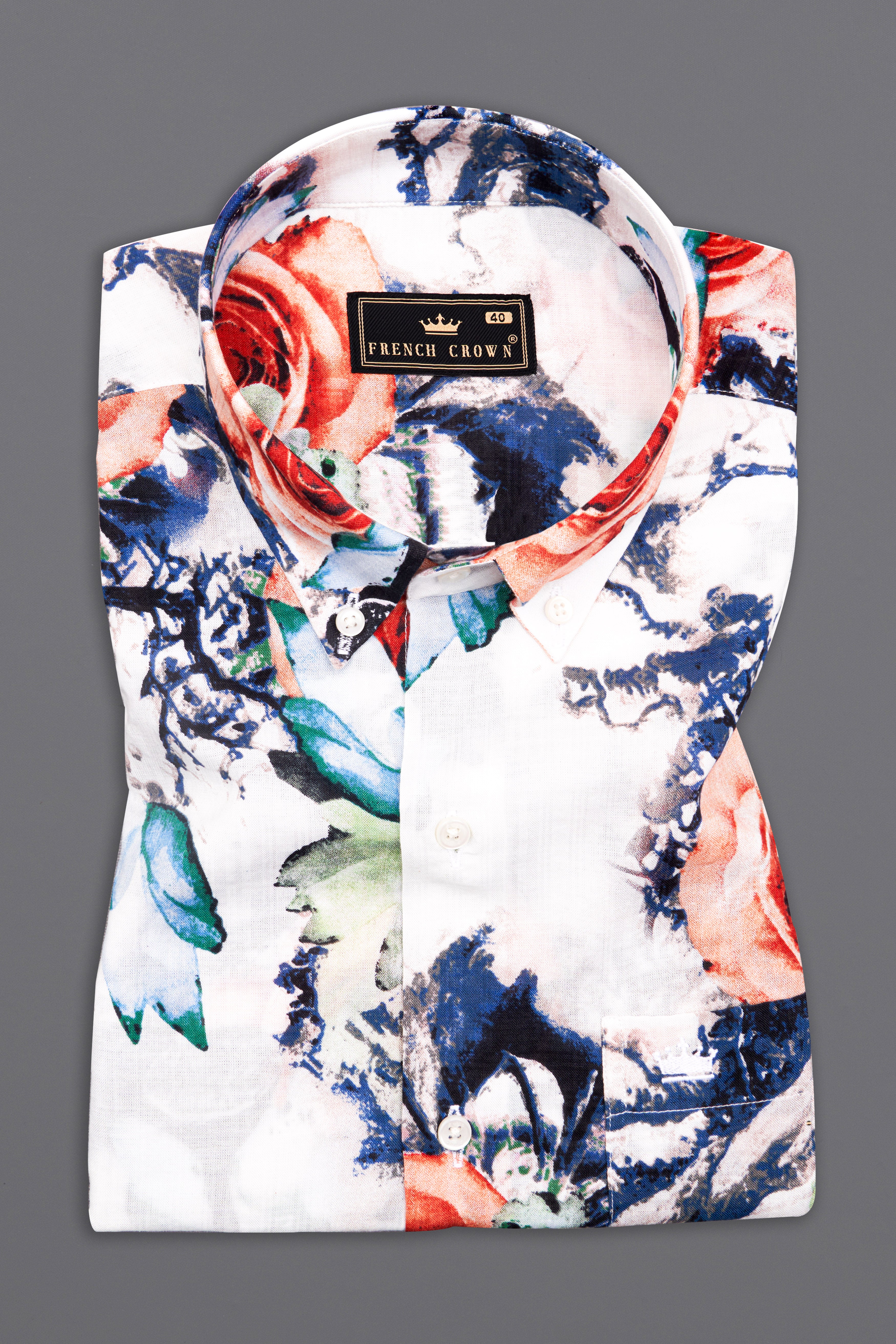 Bright White with Tacao Peach Rose Printed Lightweight Premium Cotton Oversized Shirt