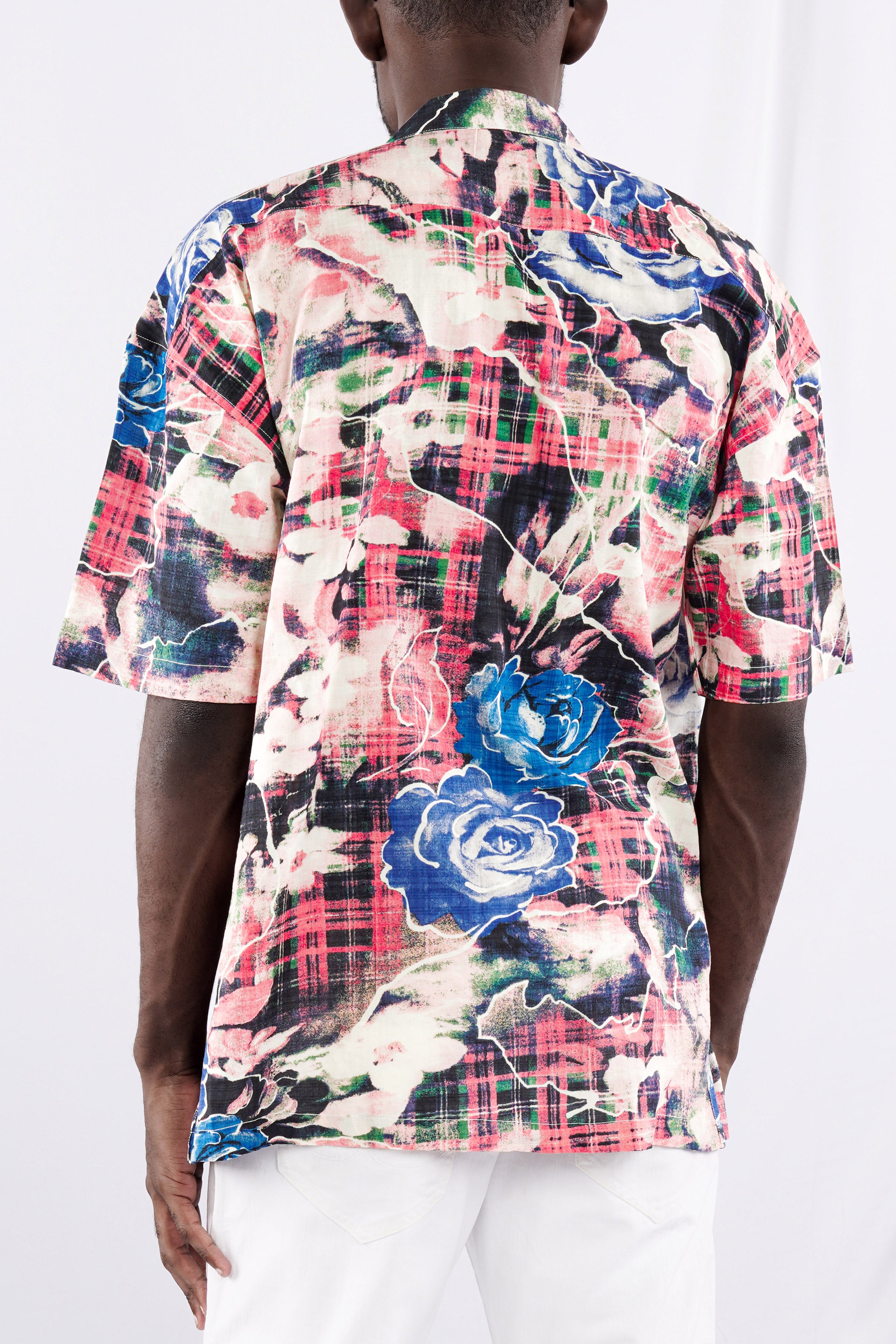 Merino Peach with Tory Blue Rose Printed Lightweight Premium Cotton Oversized Shirt