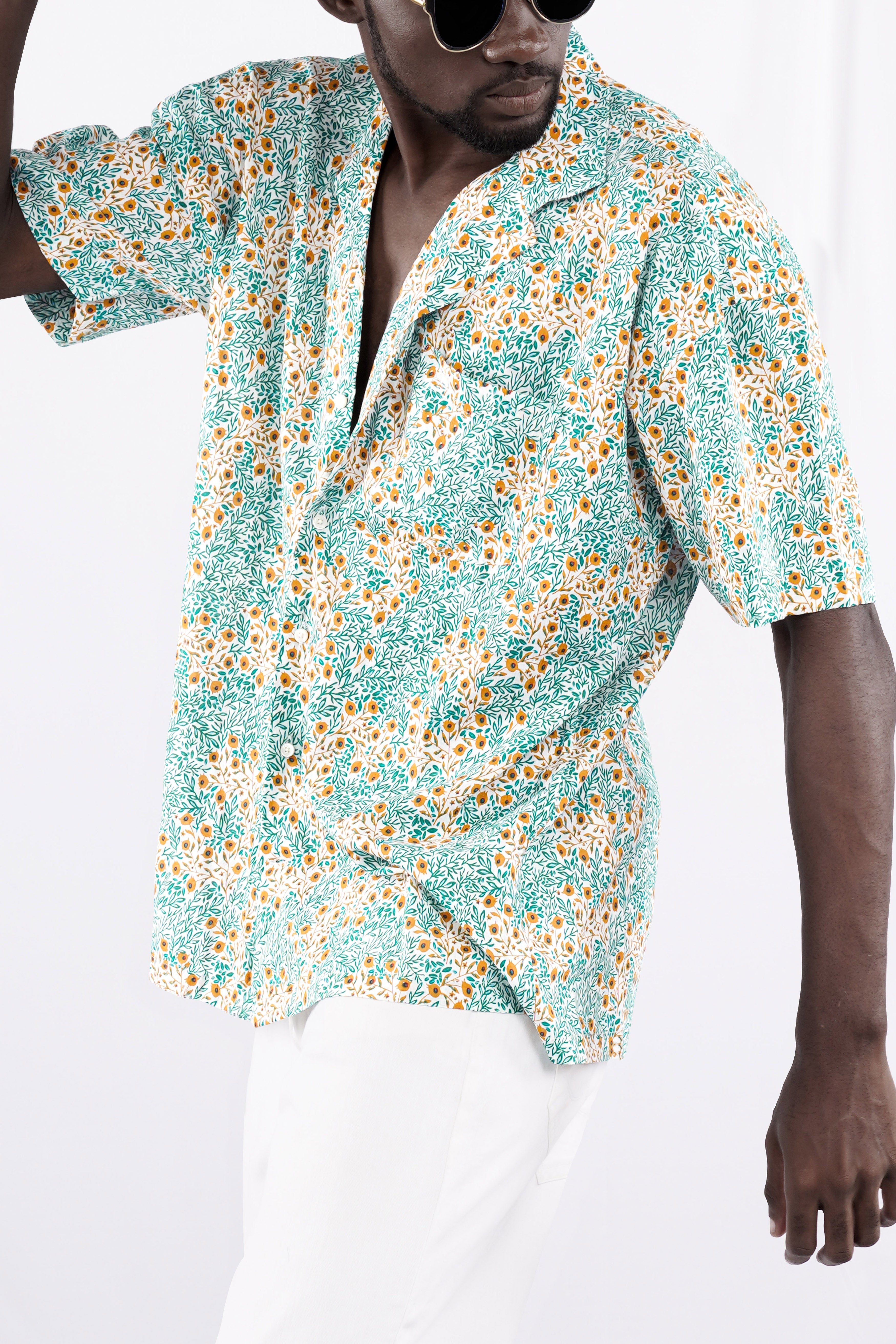 Cyan Green with Ditsy Printed Lightweight Premium Cotton Oversized Shirt