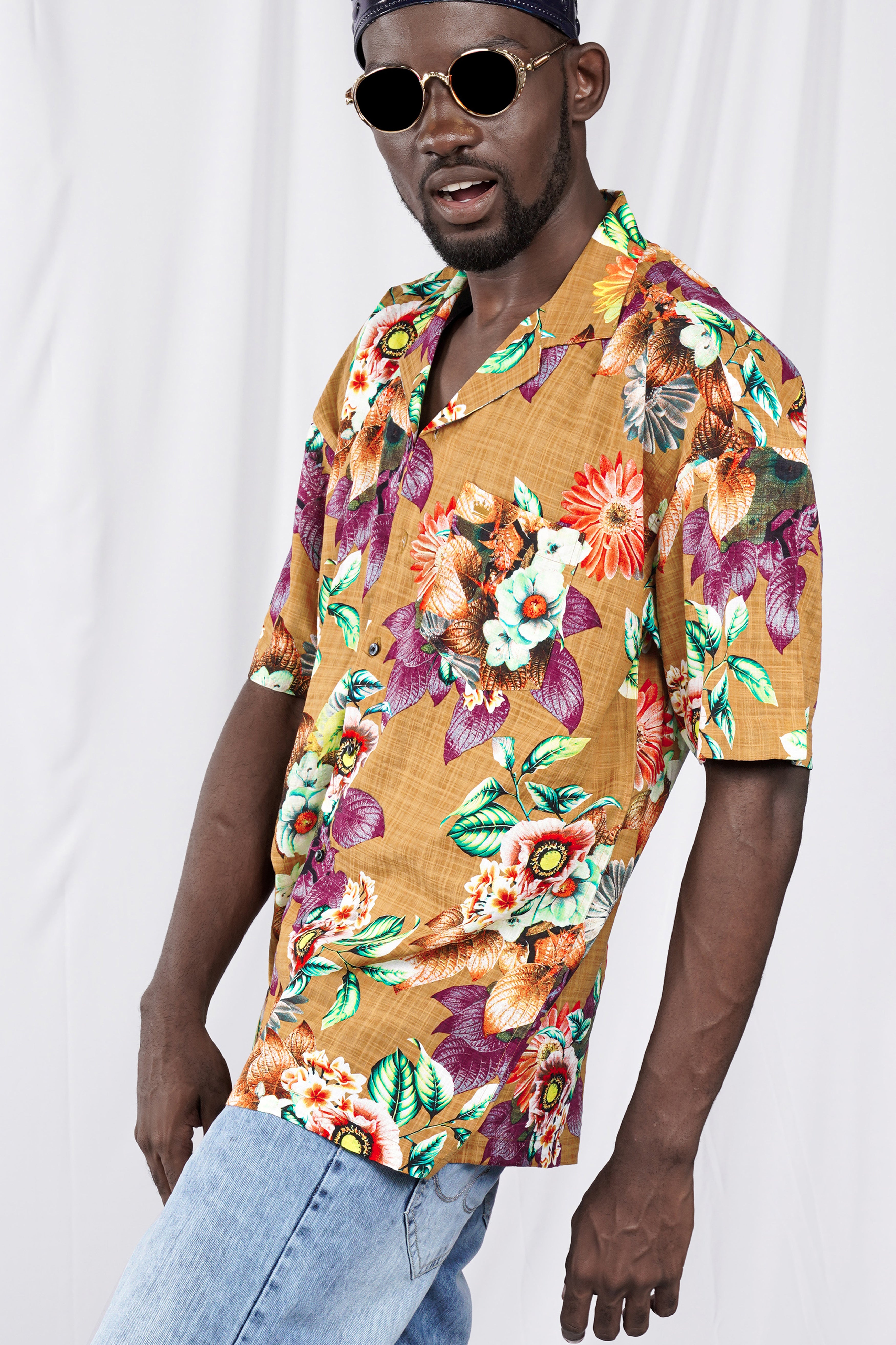 Tussock Brown Floral Printed Lightweight Premium Cotton Oversized Shirt