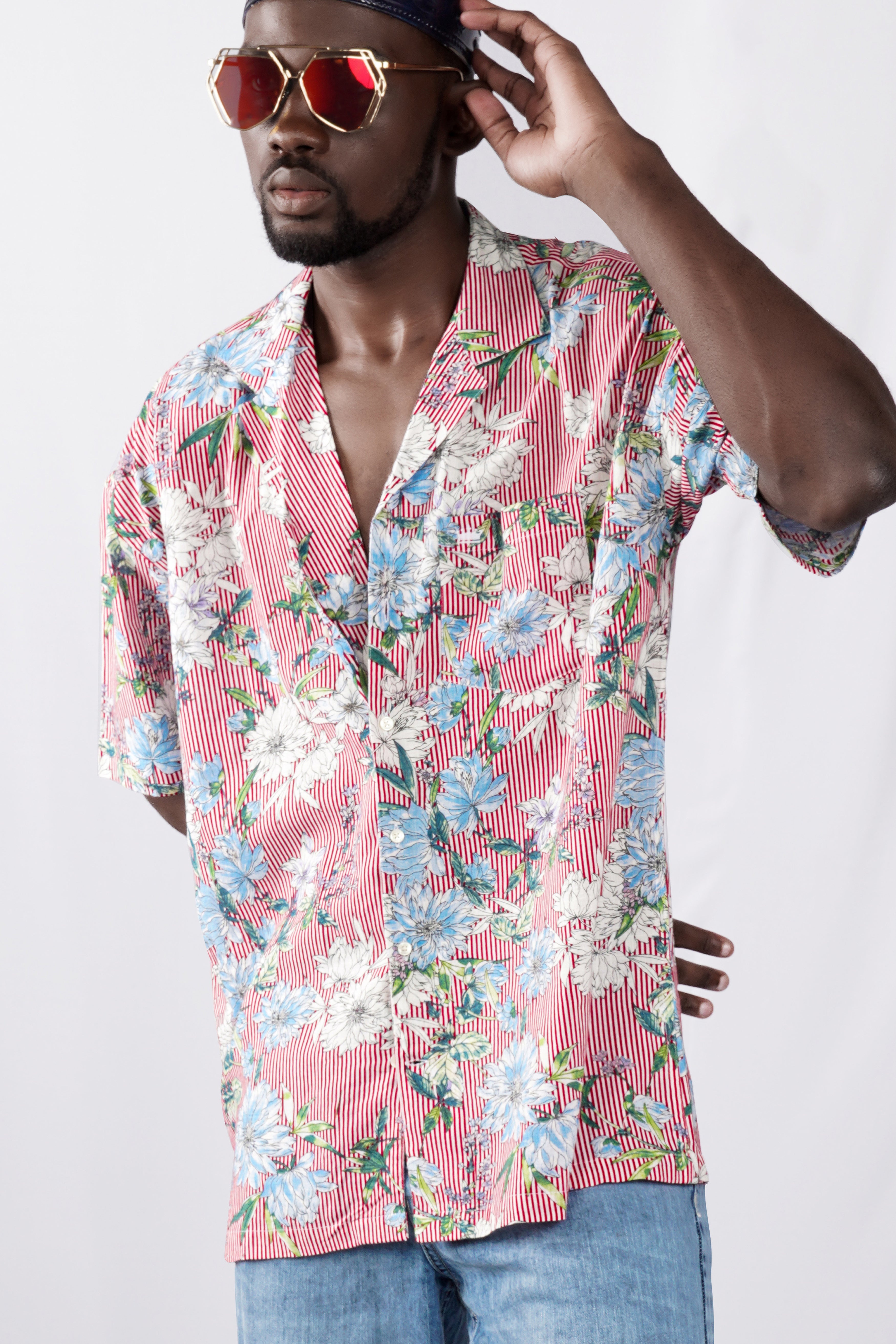 Rudy Red and White Floral Printed Lightweight Premium Cotton Oversized Shirt