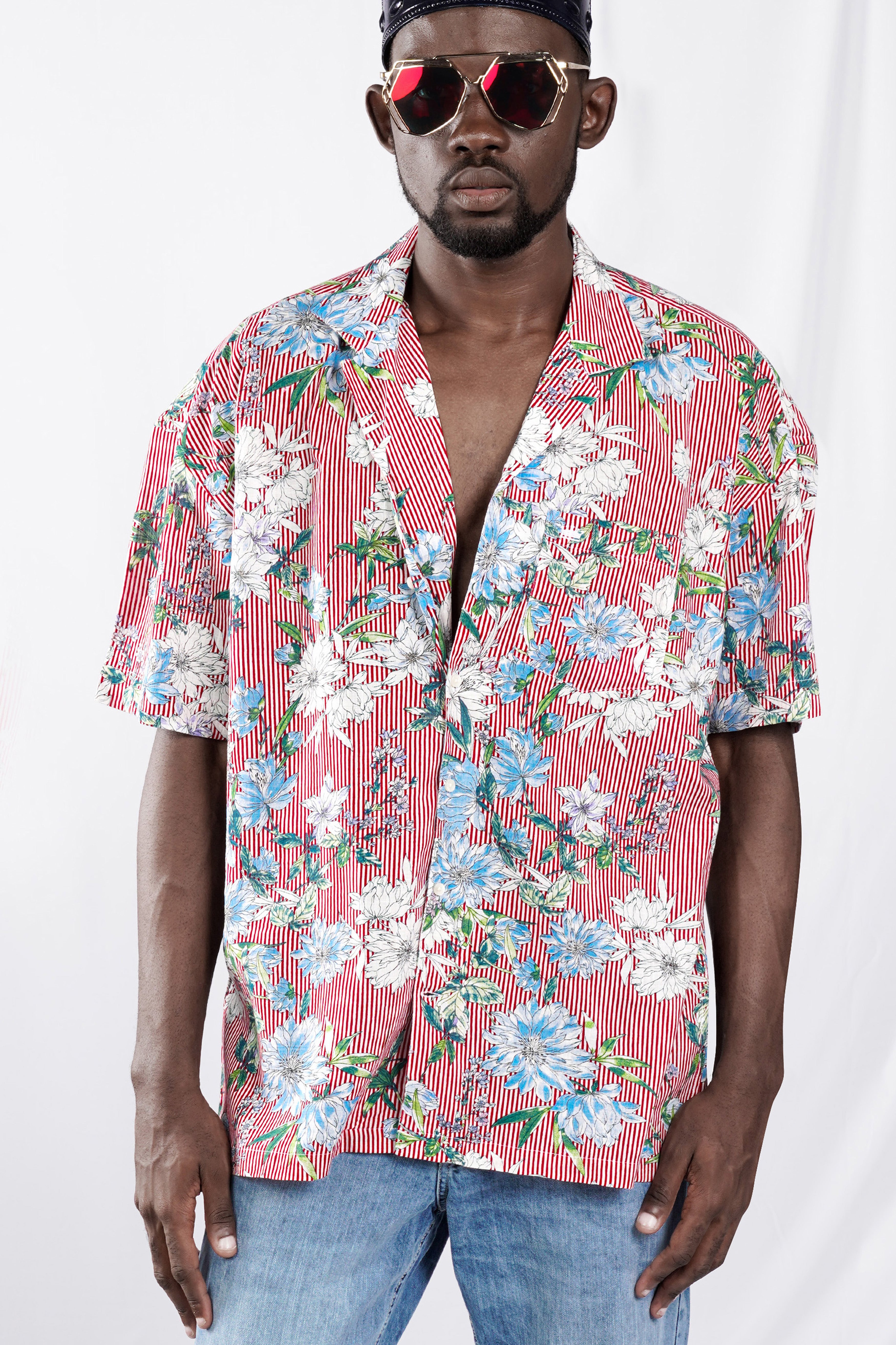 Rudy Red and White Floral Printed Lightweight Premium Cotton Oversized Shirt