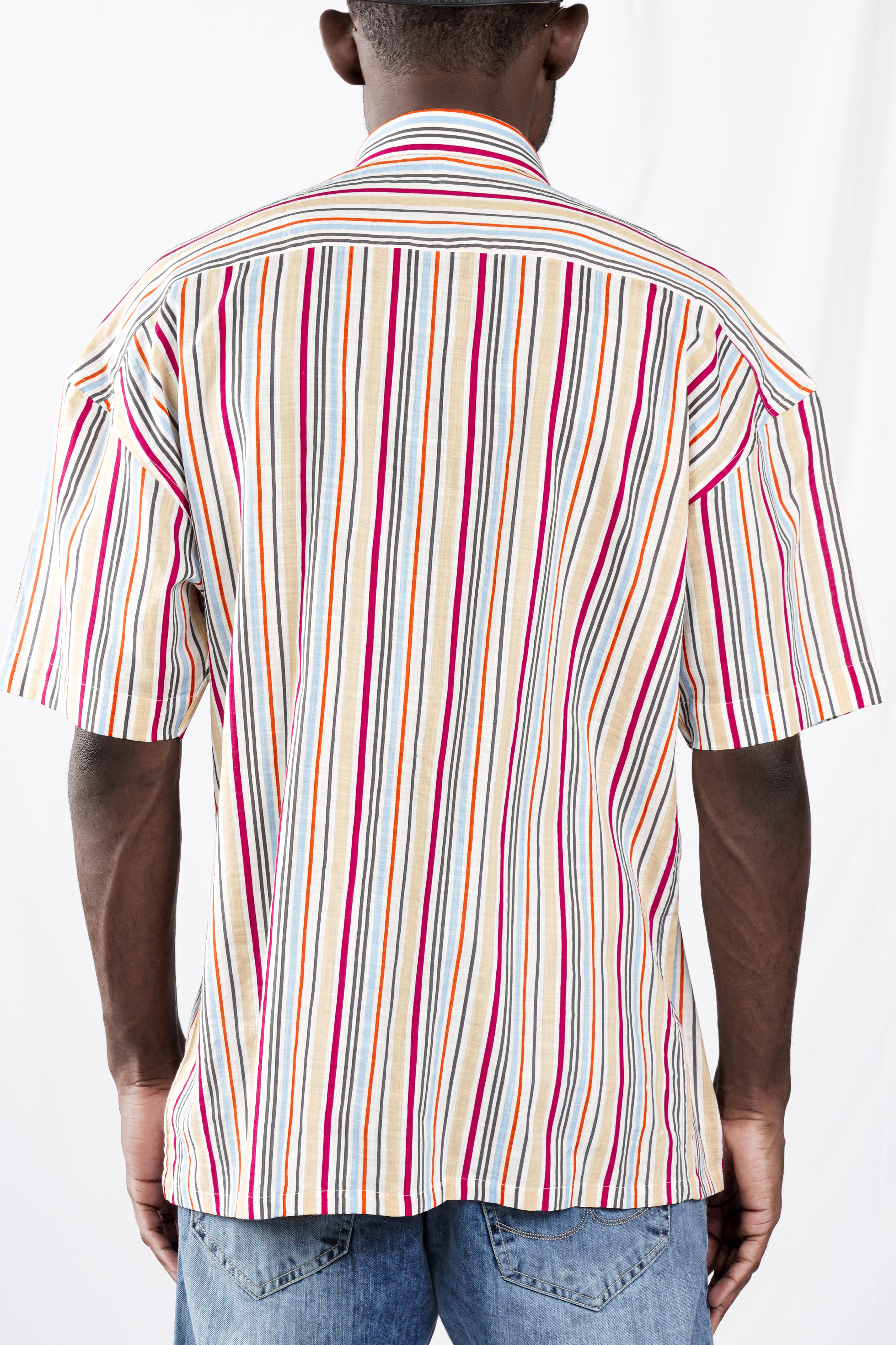 Peach with Debian Pink Multicolour Striped Lightweight Premium Cotton Oversized Shirt