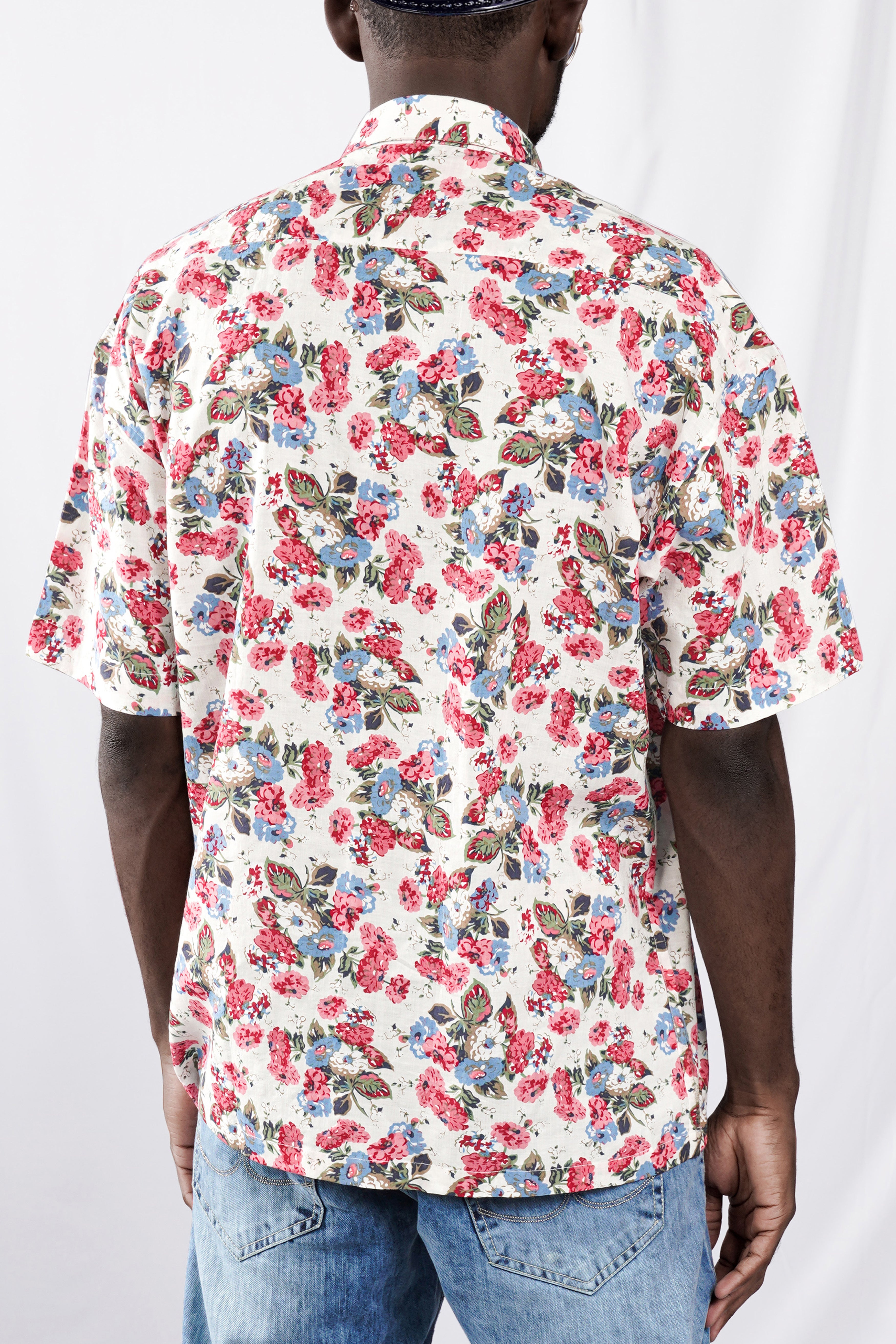 Merino Cream and Cardinal Red Floral Printed Lightweight Premium Cotton Oversized Shirt