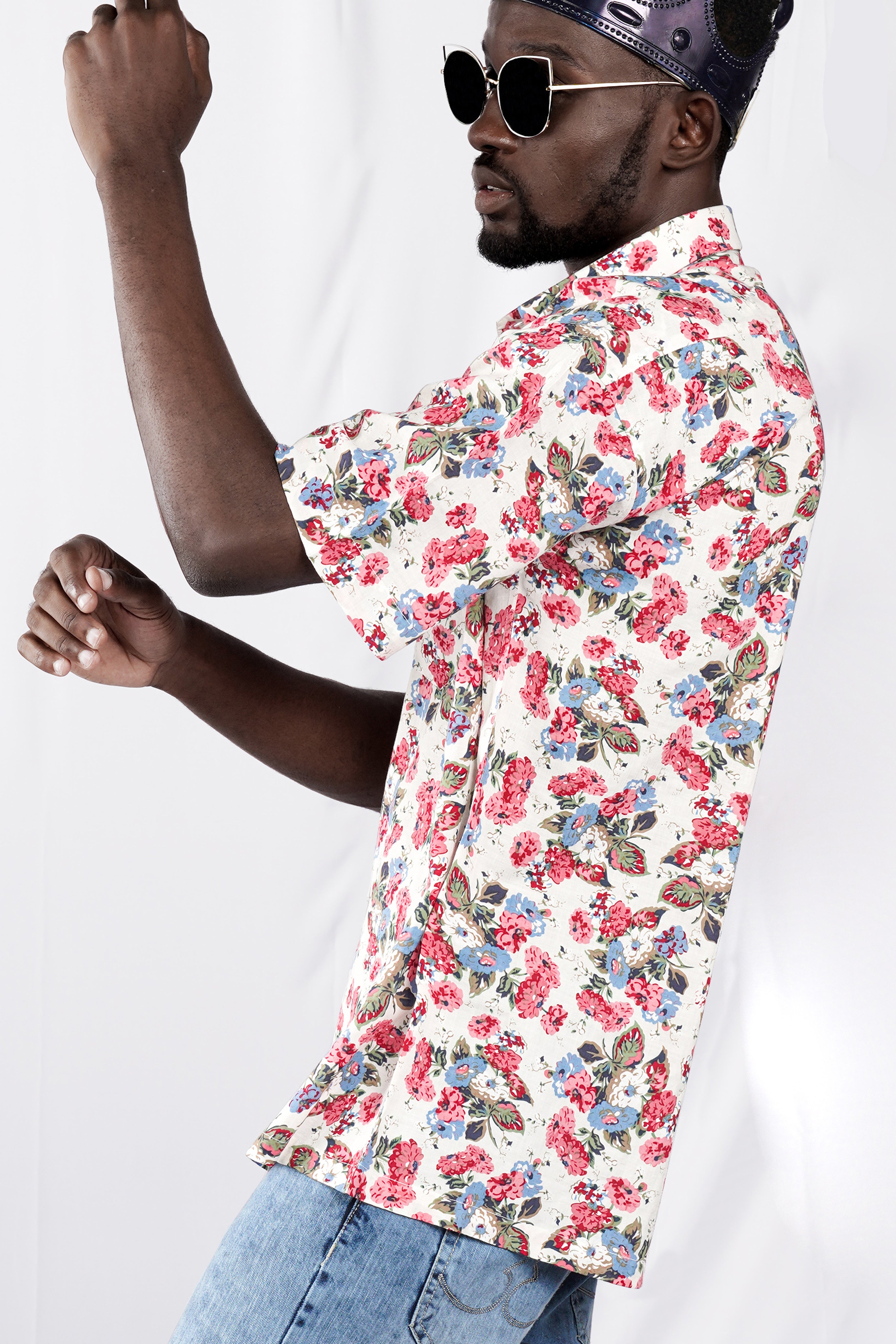 Merino Cream and Cardinal Red Floral Printed Lightweight Premium Cotton Oversized Shirt