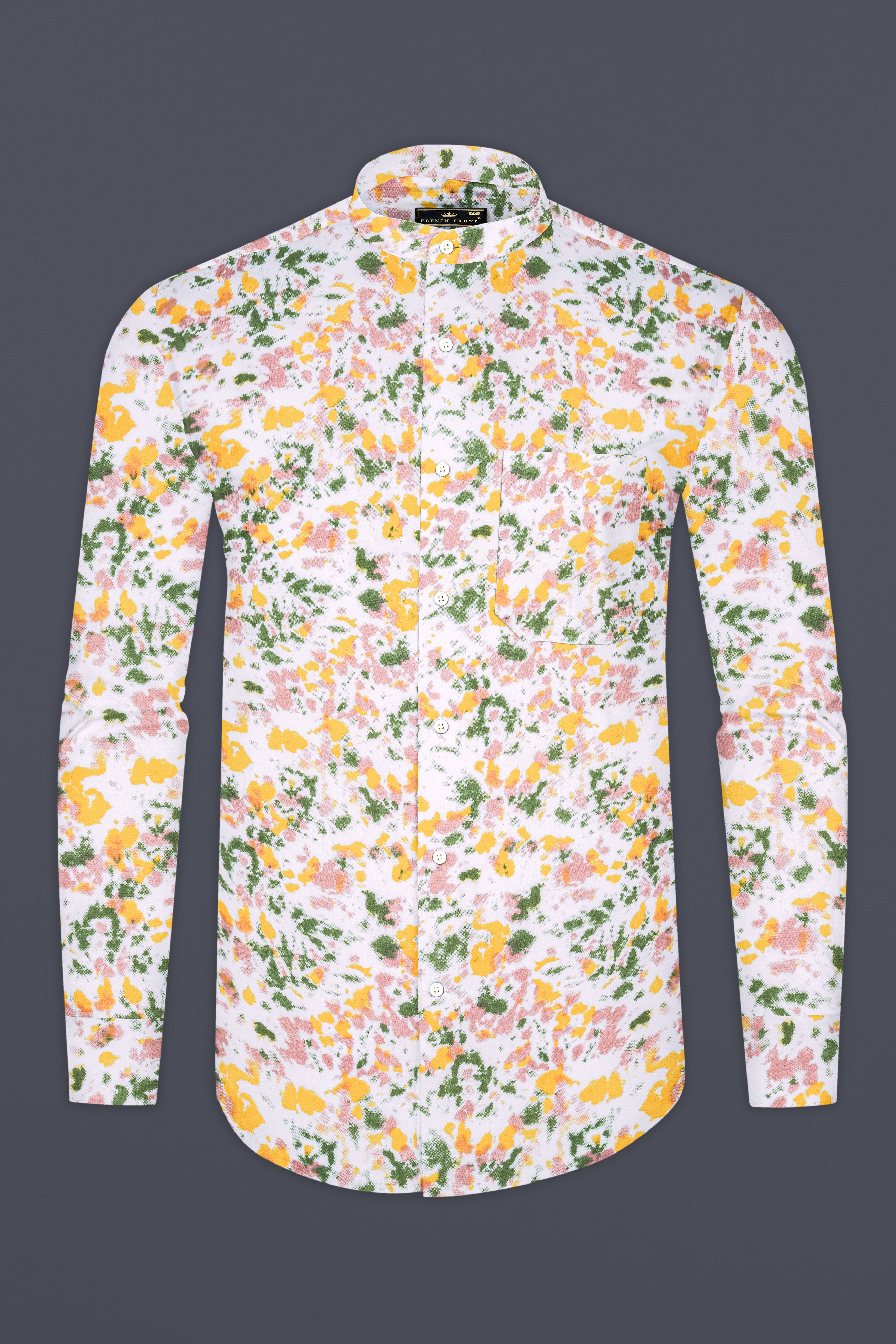 Bright White with Pale Yellow Multicolour Printed Chambray Shirt