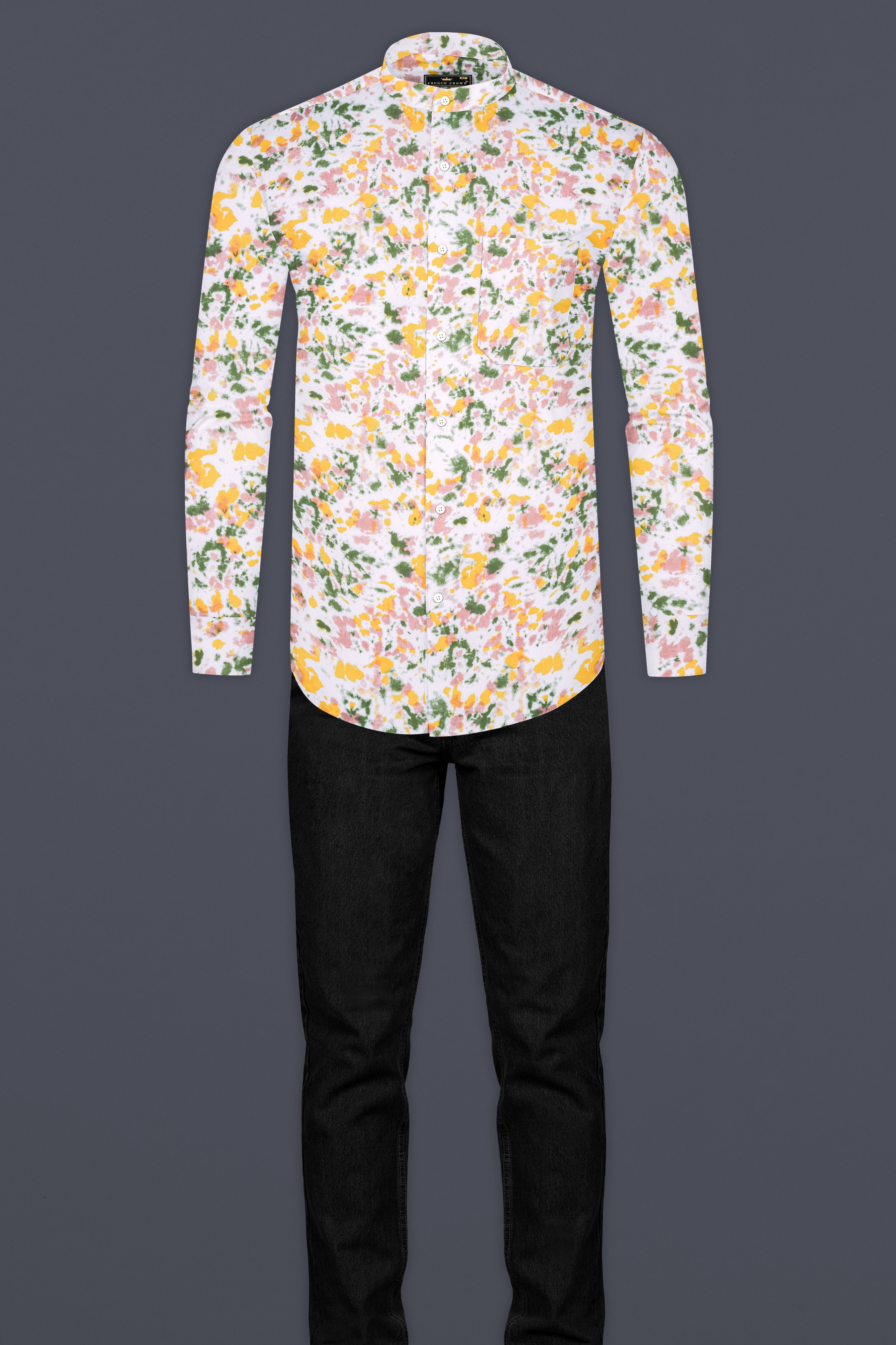 Bright White with Pale Yellow Multicolour Printed Chambray Shirt