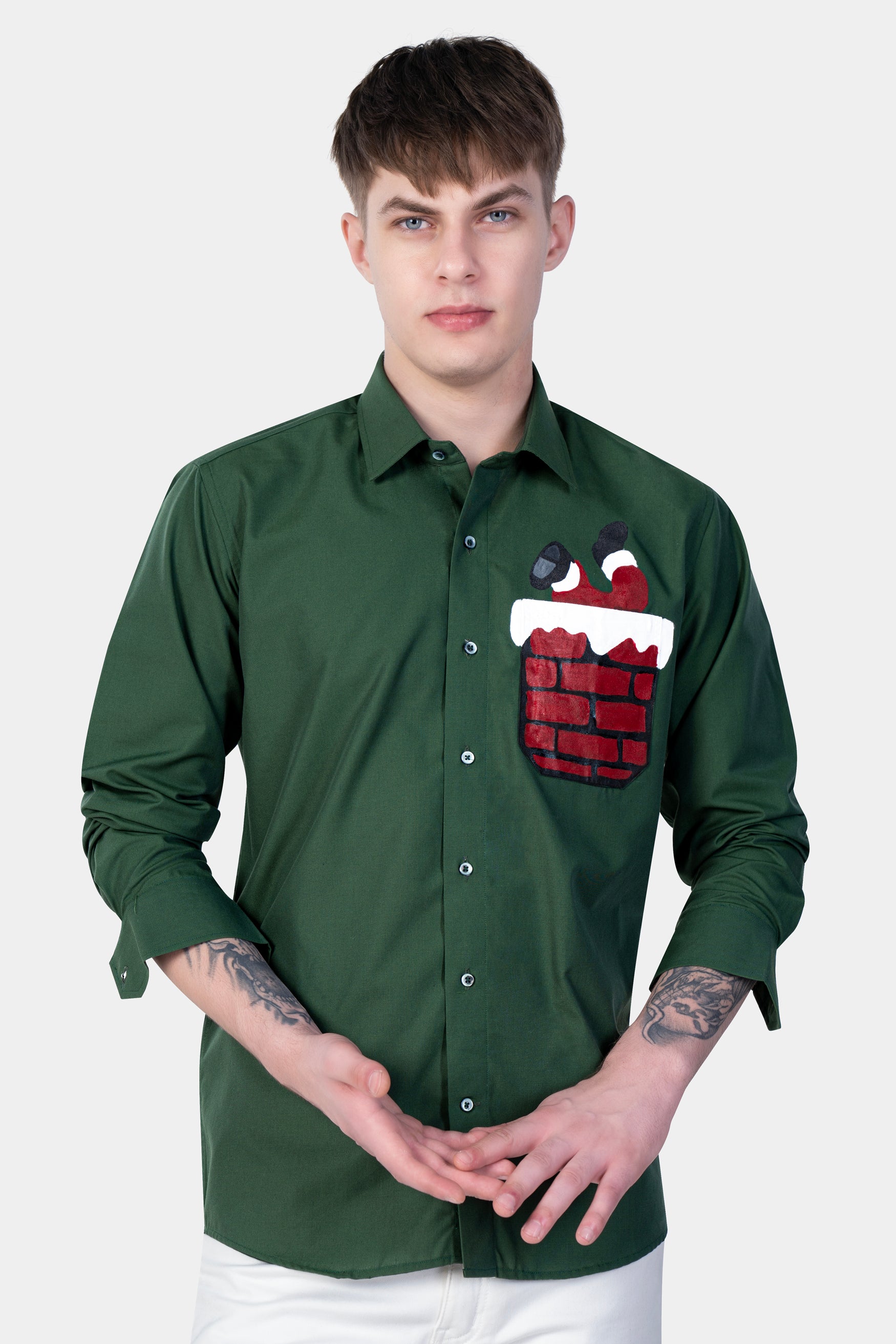 Lunar Green Funny Santa Hand Painted Chambray Designer Shirt