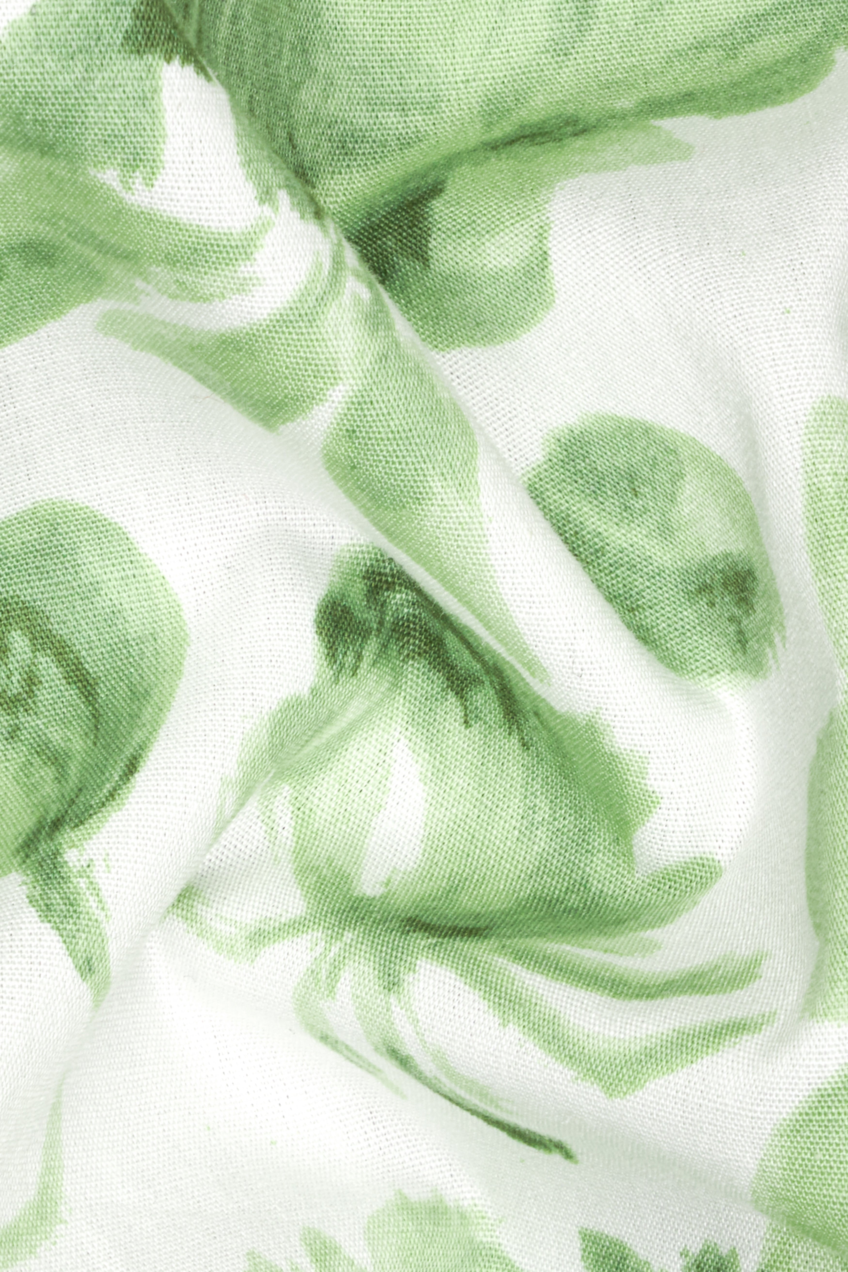 Bright White and Asparagus Green Floral Printed Premium Cotton Shirt