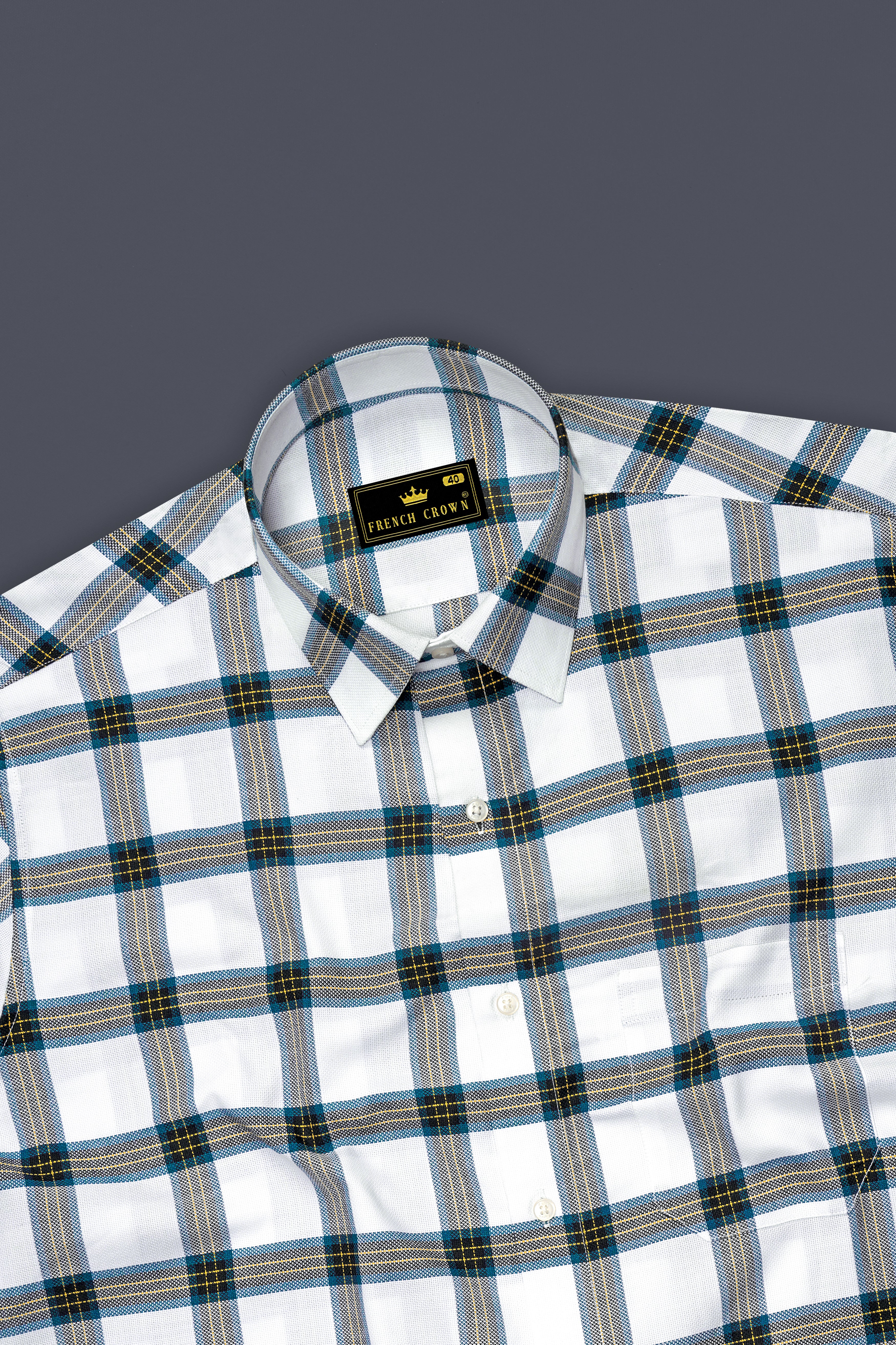 Bright White with Corn Yellow Checkered Dobby Textured Premium Giza Cotton Shirt