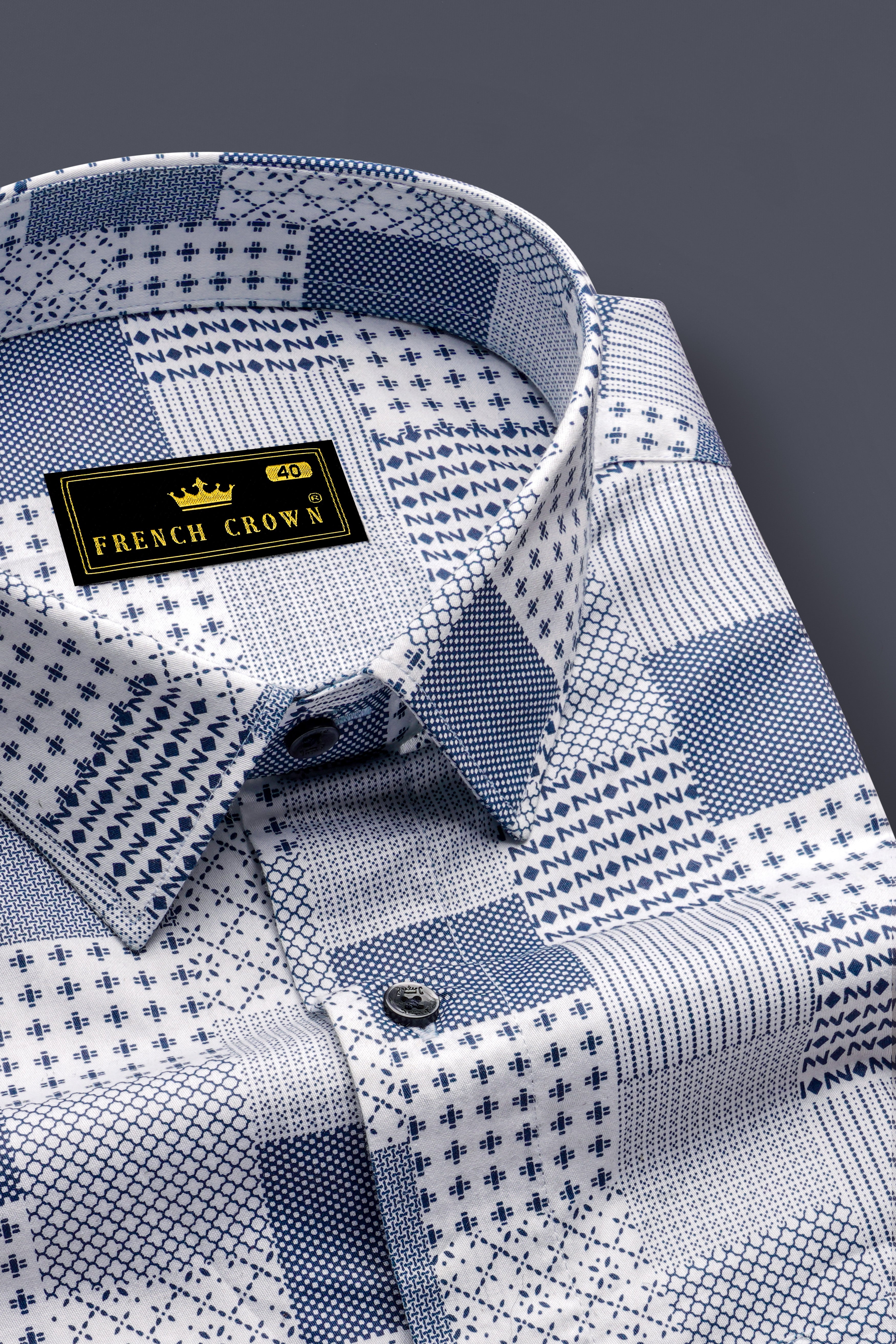 Bright White with Bluewood Blue Square Printed Super Soft Premium Cotton Shirts