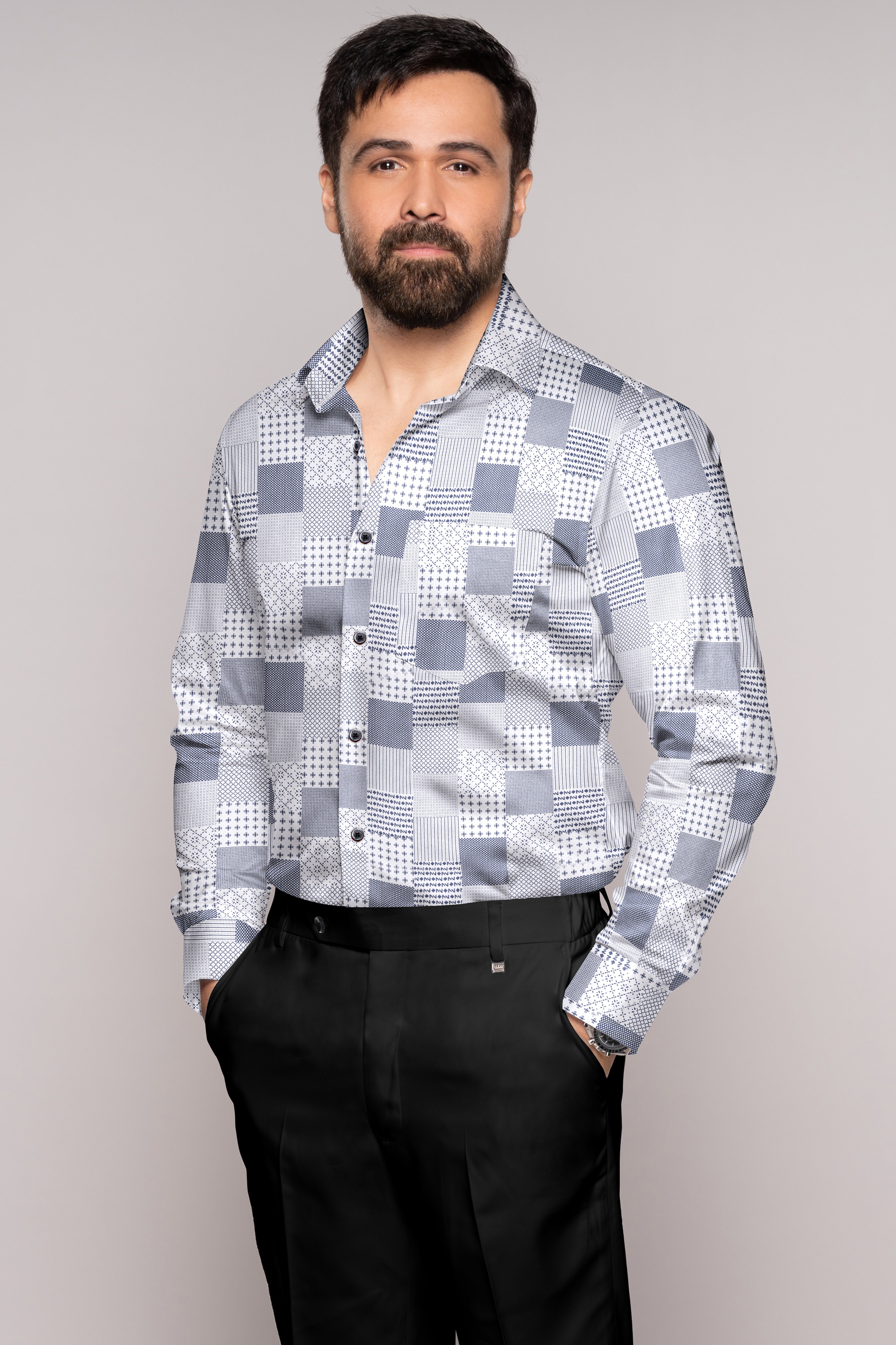 Bright White with Bluewood Blue Square Printed Super Soft Premium Cotton Shirts