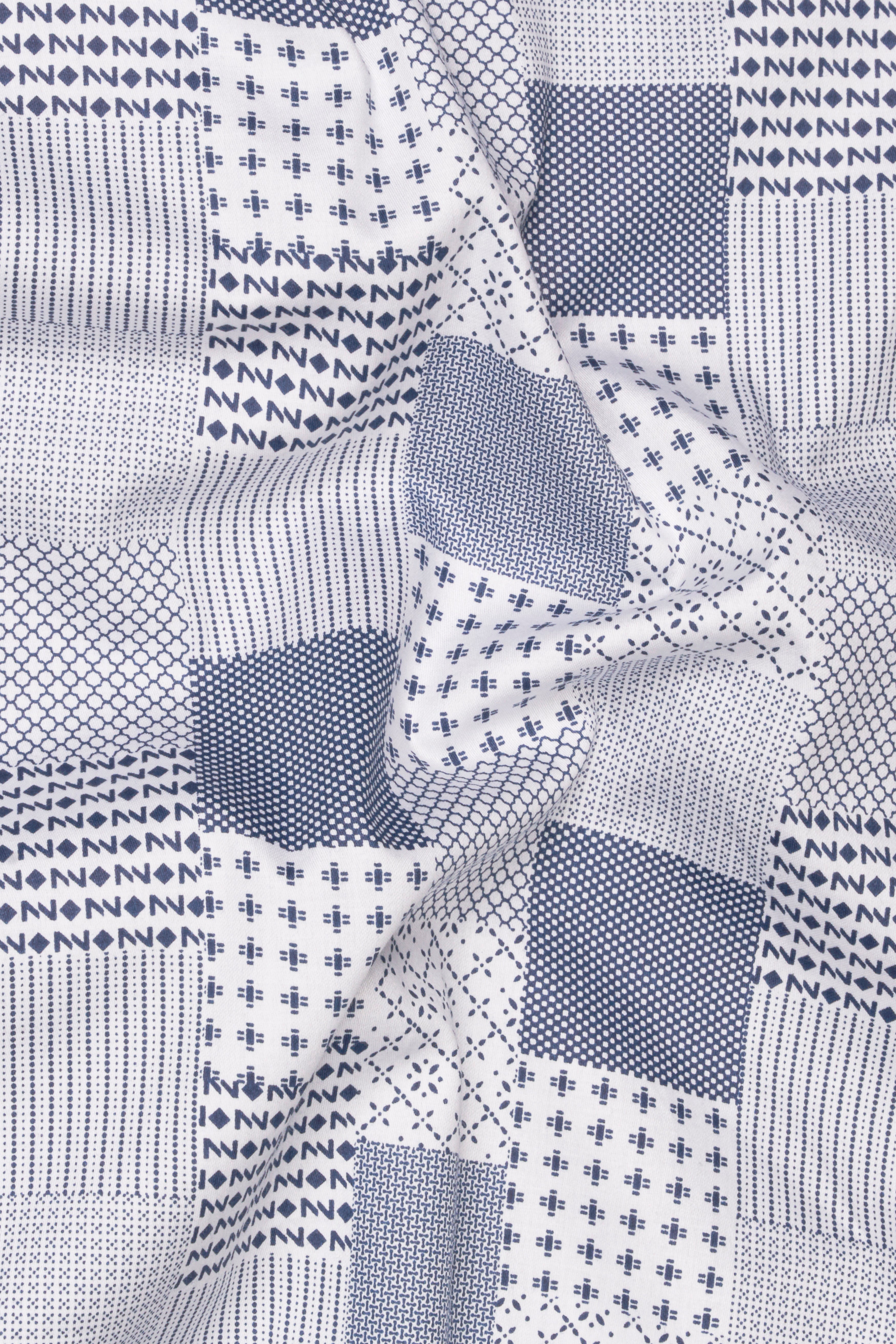 Bright White with Bluewood Blue Square Printed Super Soft Premium Cotton Shirts