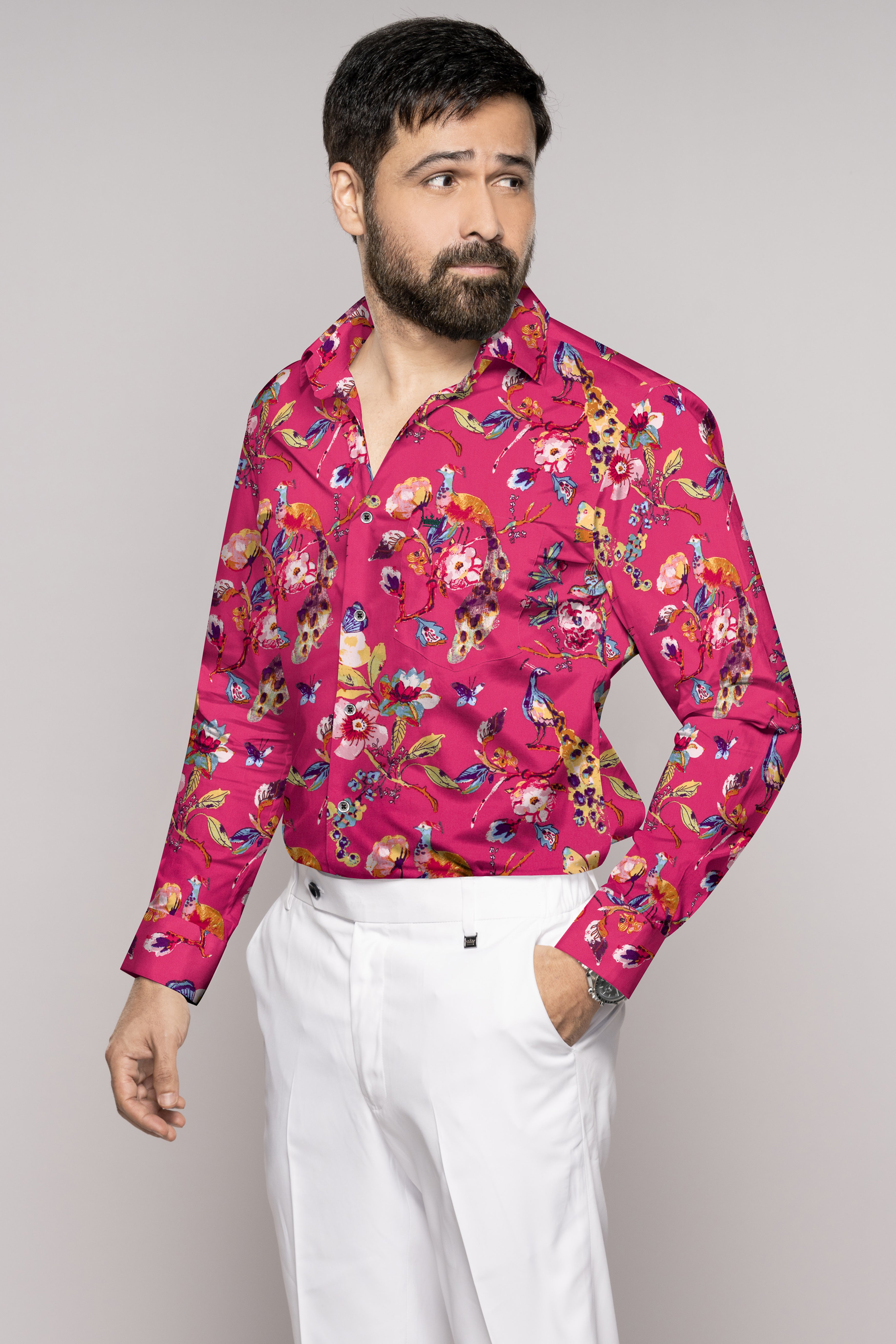 Debian Pink Floral Printed Premium Cotton Shirt