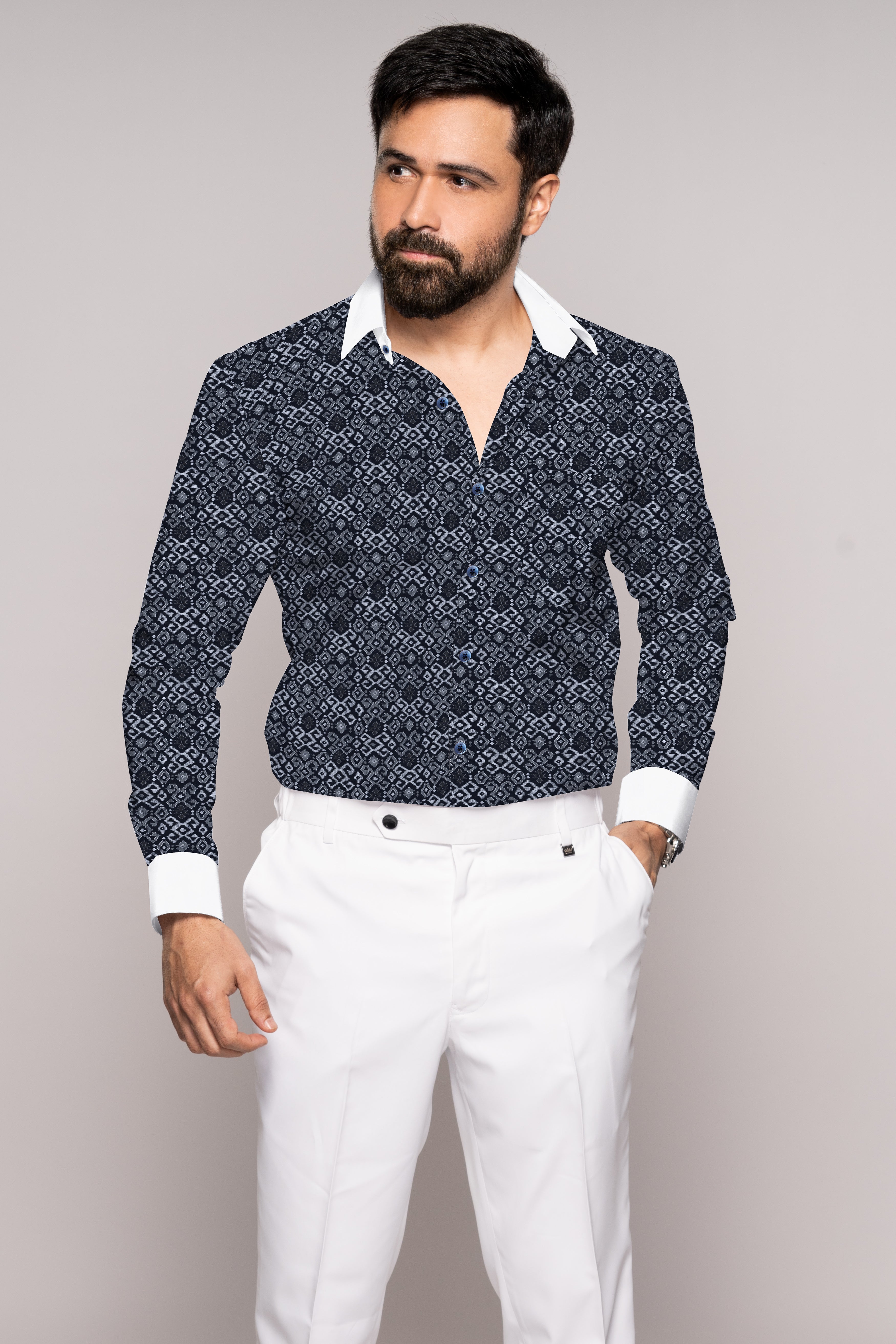 Haiti Navy Blue Printed with White Cuffs and Collar Super Soft Premium Cotton Shirt