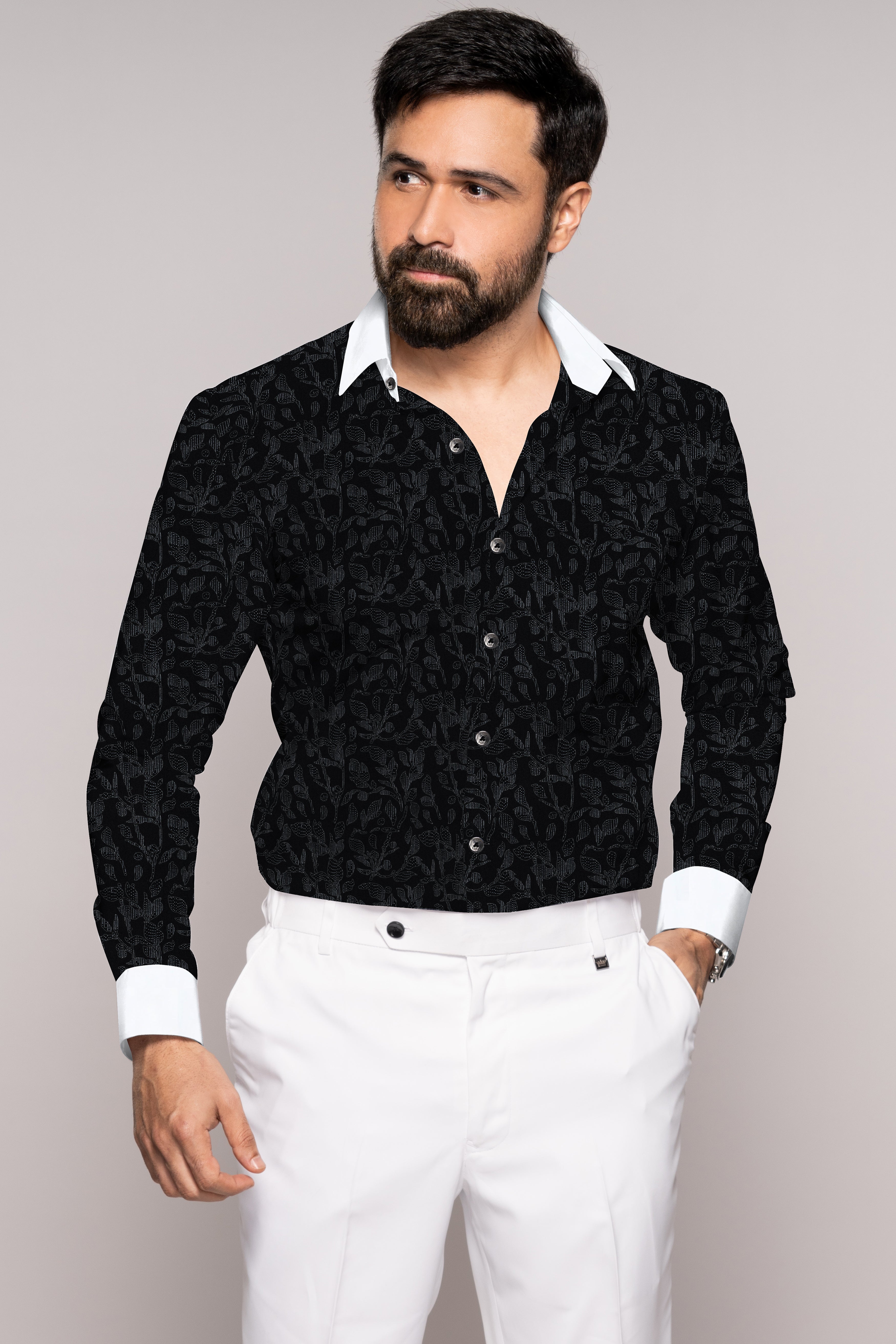 Jade Black Leaves Printed with White Cuffs and Collar Twill Premium Cotton Shirt