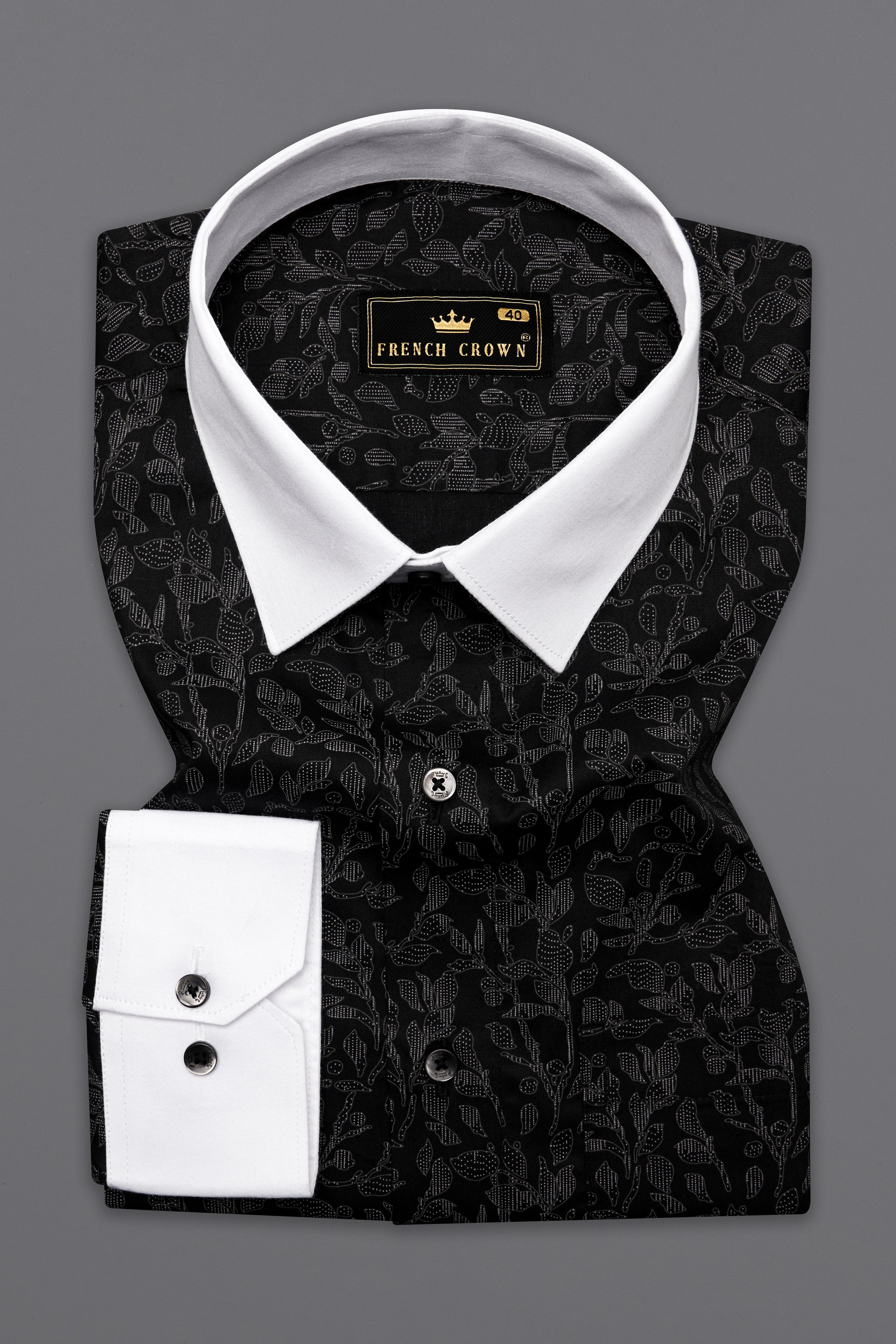 Jade Black Leaves Printed with White Cuffs and Collar Twill Premium Cotton Shirt