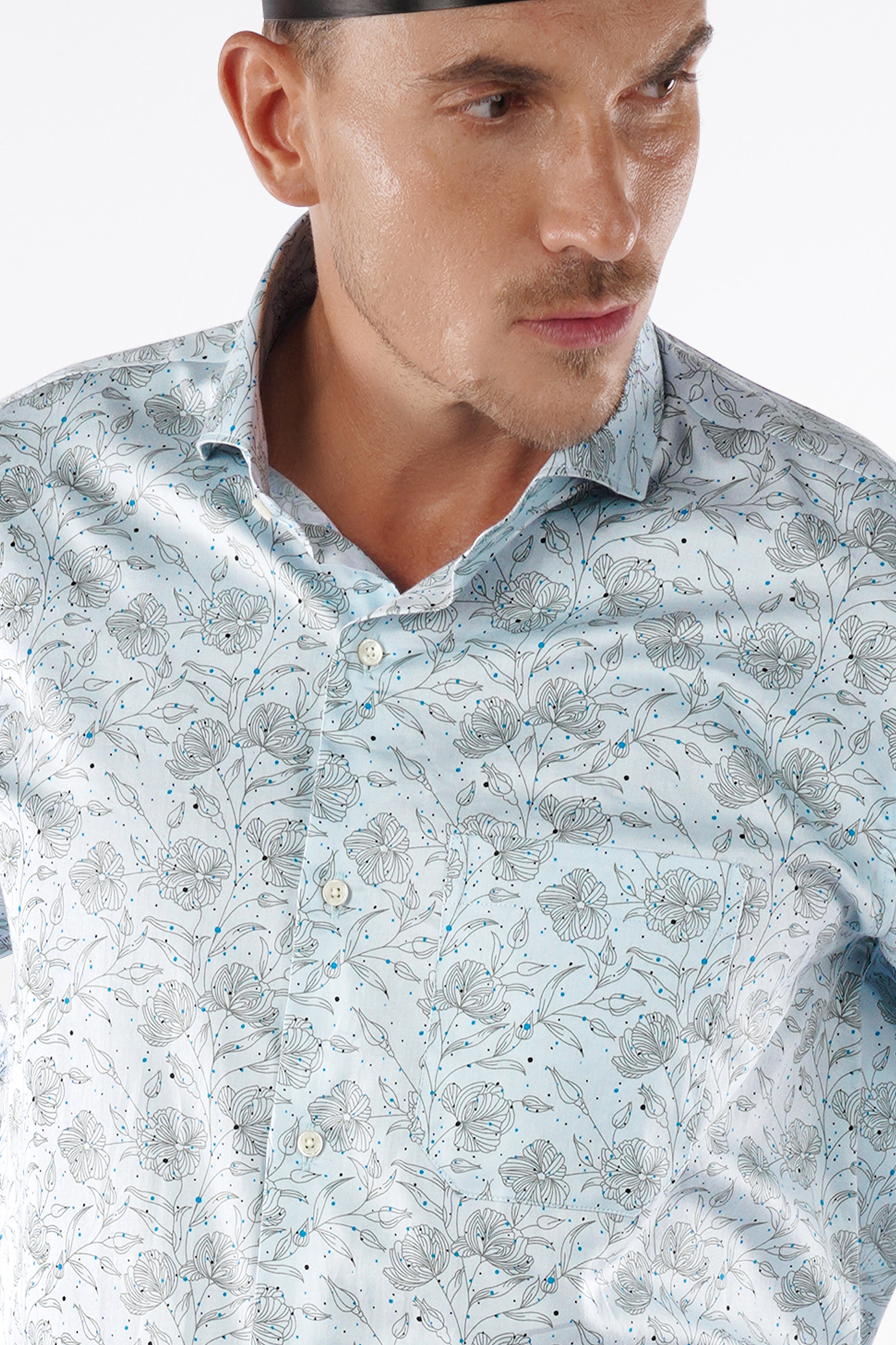 Blizzard Blue Floral Printed Super Soft Premium Cotton Shirt
